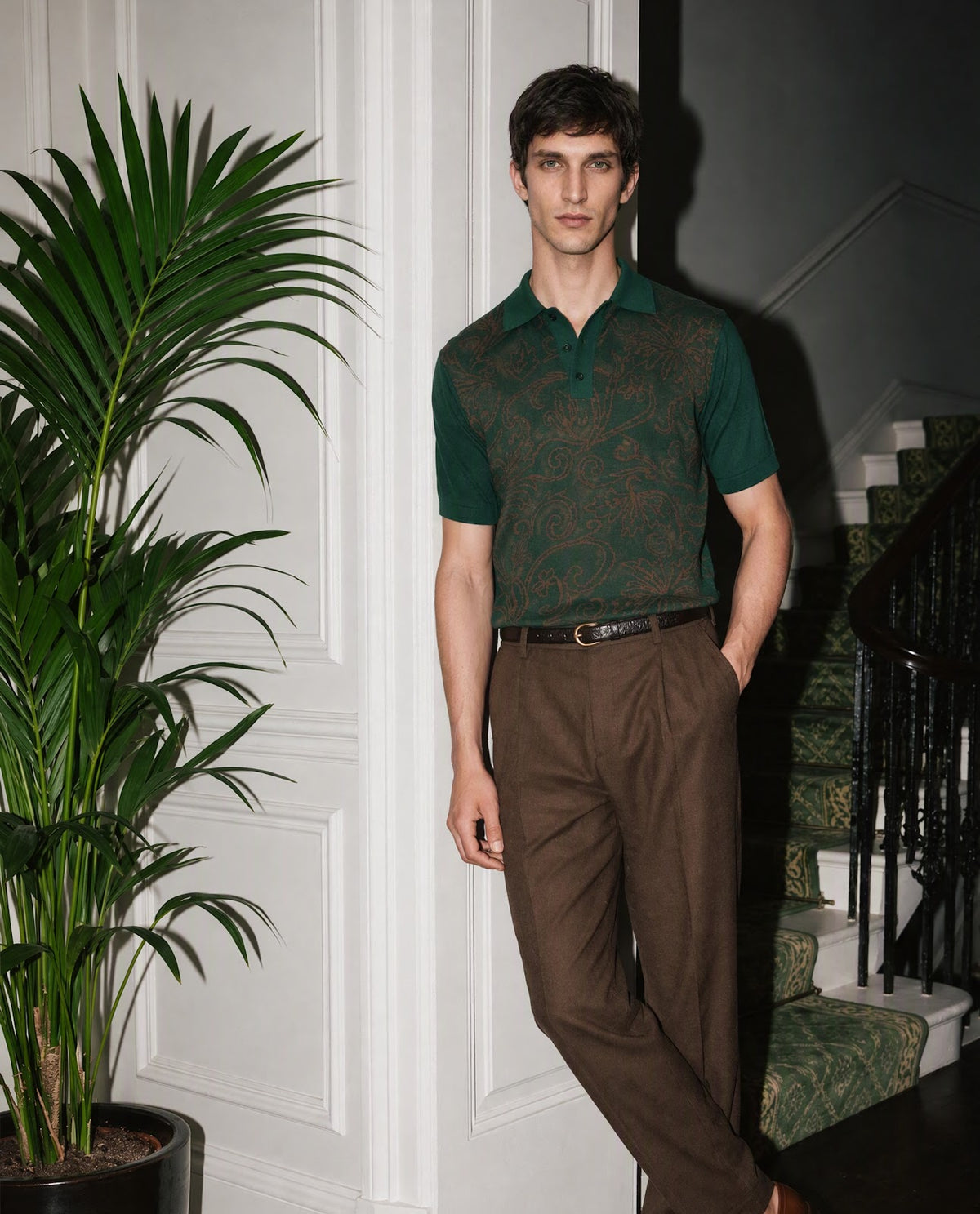 Rare Rabbit Men's Par Dark Green Cotton Fabric Full Sleeve Regular Fit Floral Print Polo
