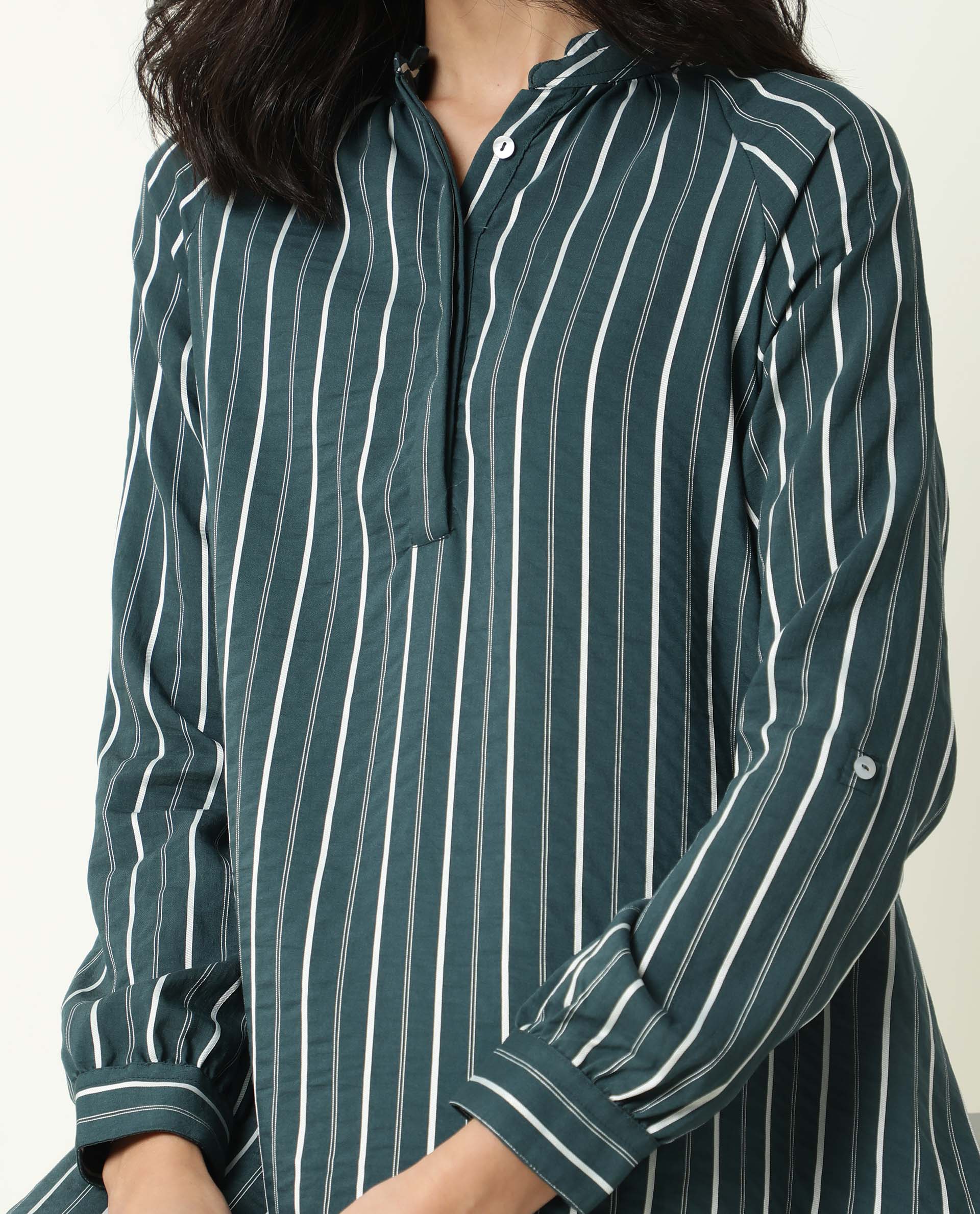 Rareism Womens Maltisse Green Dress Viscose Nylone Fabric Relaxed Fit Full Sleeve Collared Neck