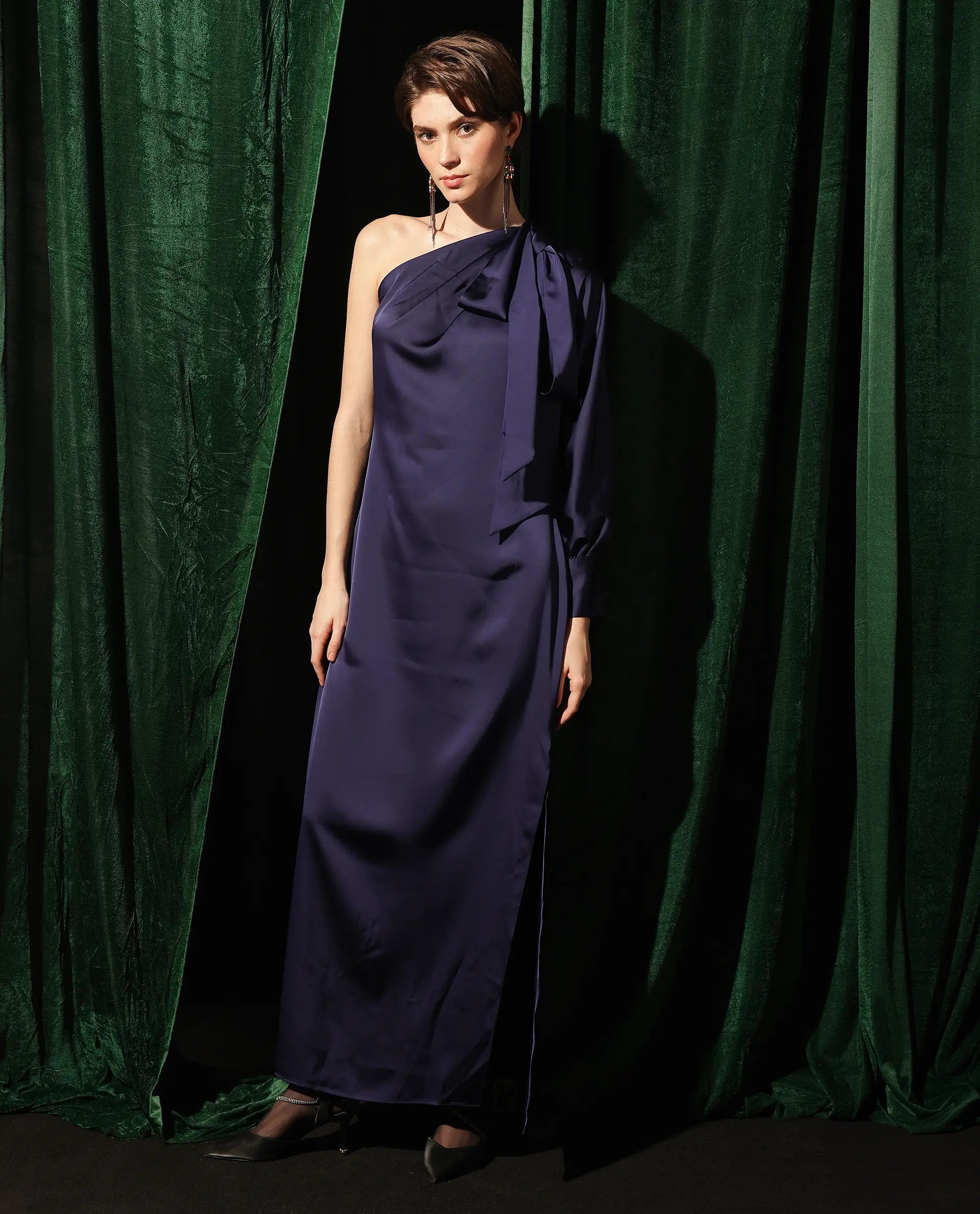 Rareism Women's Ankara Navy Satin Fabric One Shoulder Zipper Closure One Shoulder Dyed Straight Fit Maxi Dress