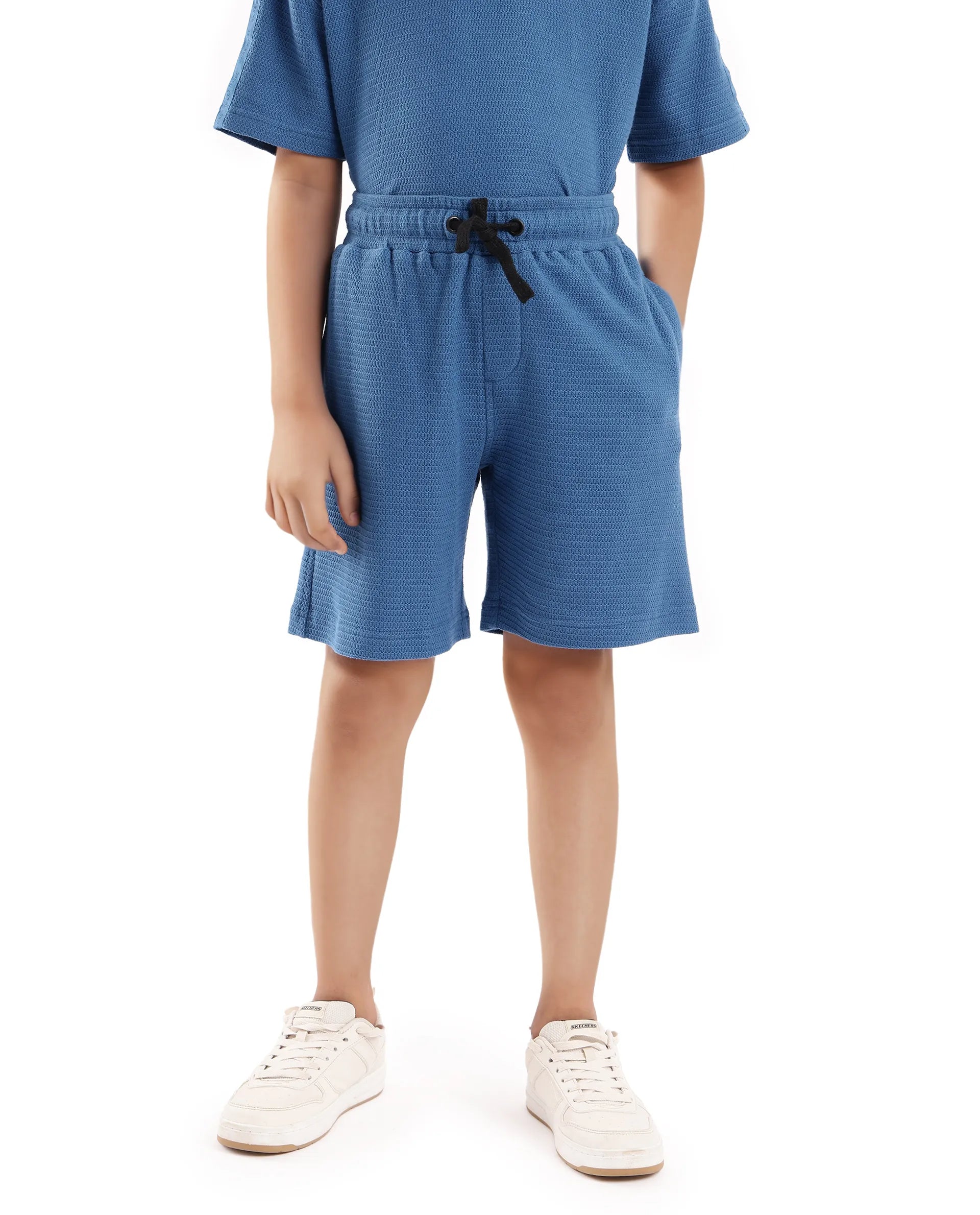 Rare Ones Kids Cole Teal Cotton Solid Drawstring Closure Textured Shorts