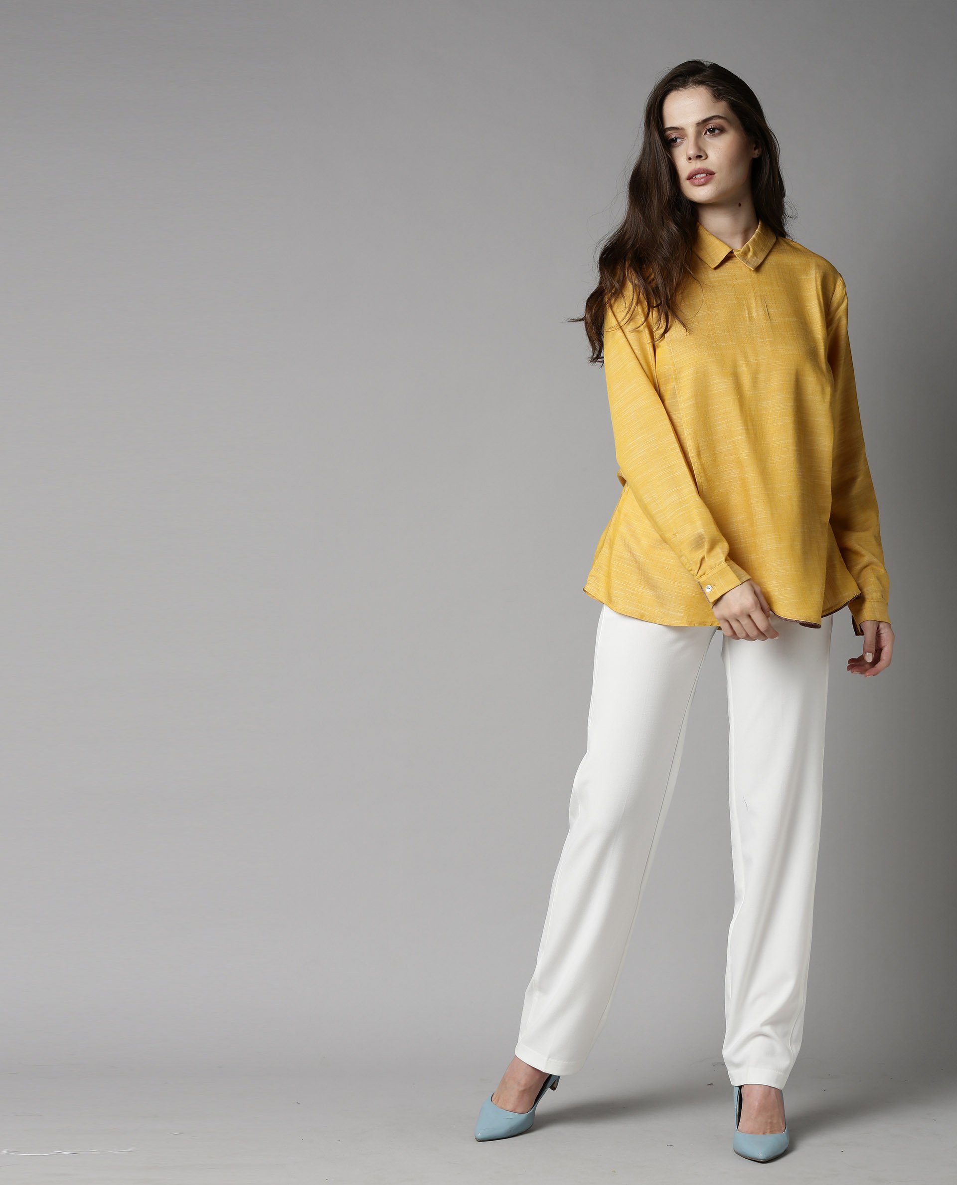 Rareism Womens Kara Yellow Top Polycotton Fabric Full Sleeves Collar Neck