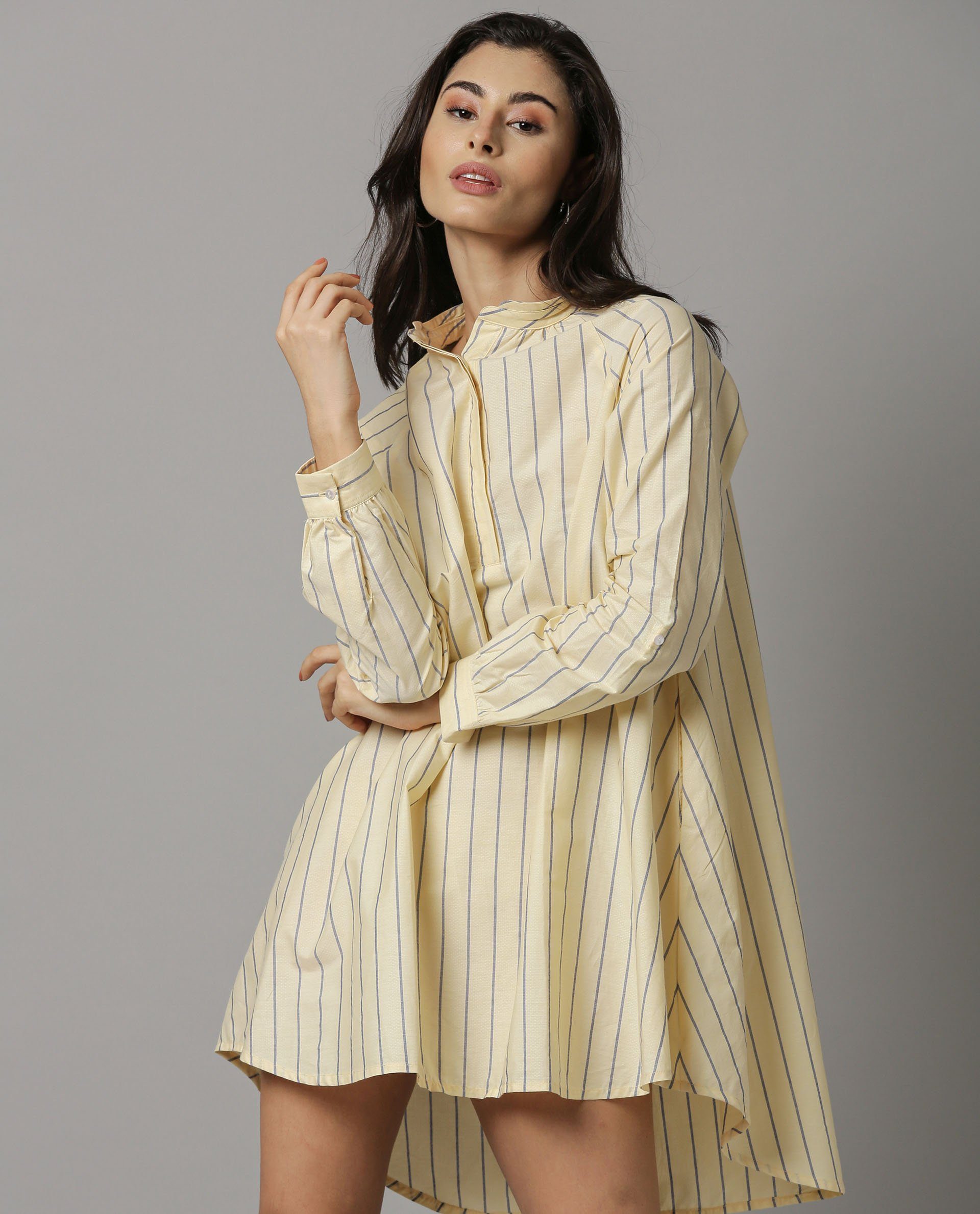 Rareism Women Sally Yellow Dress Full Sleeves Stripe