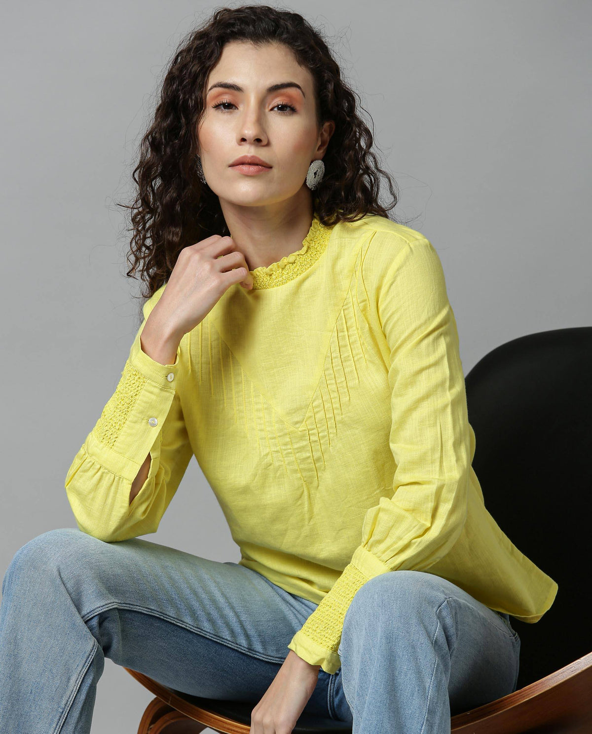 Rareism Women Dandellion Yellow Top Full Sleeves