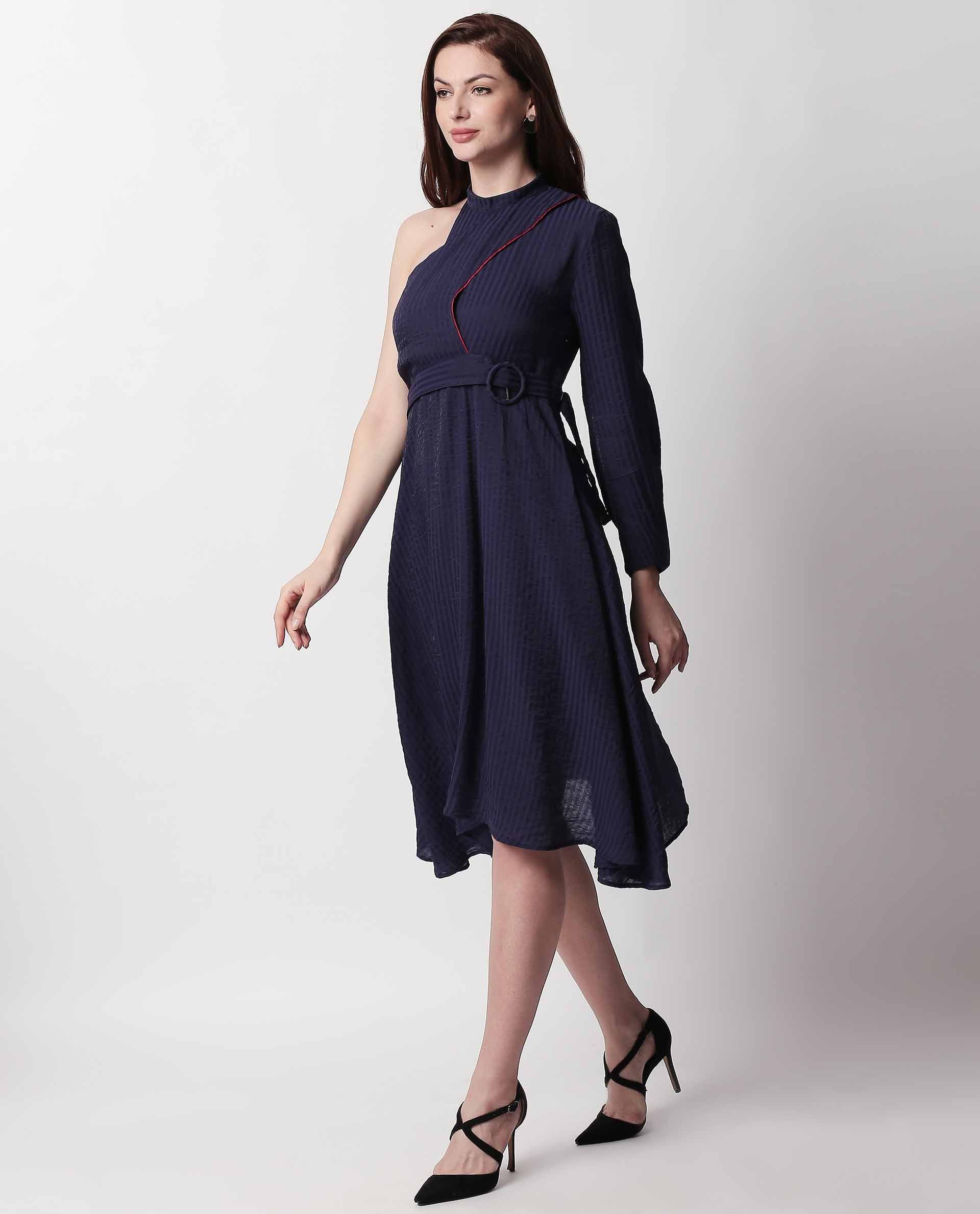 Rareism Women Carnival Navy One Shoulder Full Sleeve With Fabric Waist Belt Flared Knee Length Dress