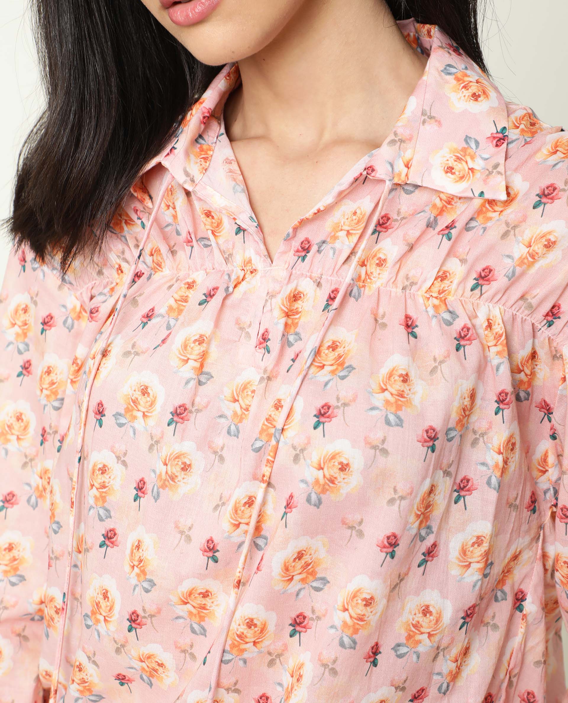 Rareism Women Joyce Pink Cotton Fabric Regular Fit Shirt Collar Full Sleeves Floral Print Top