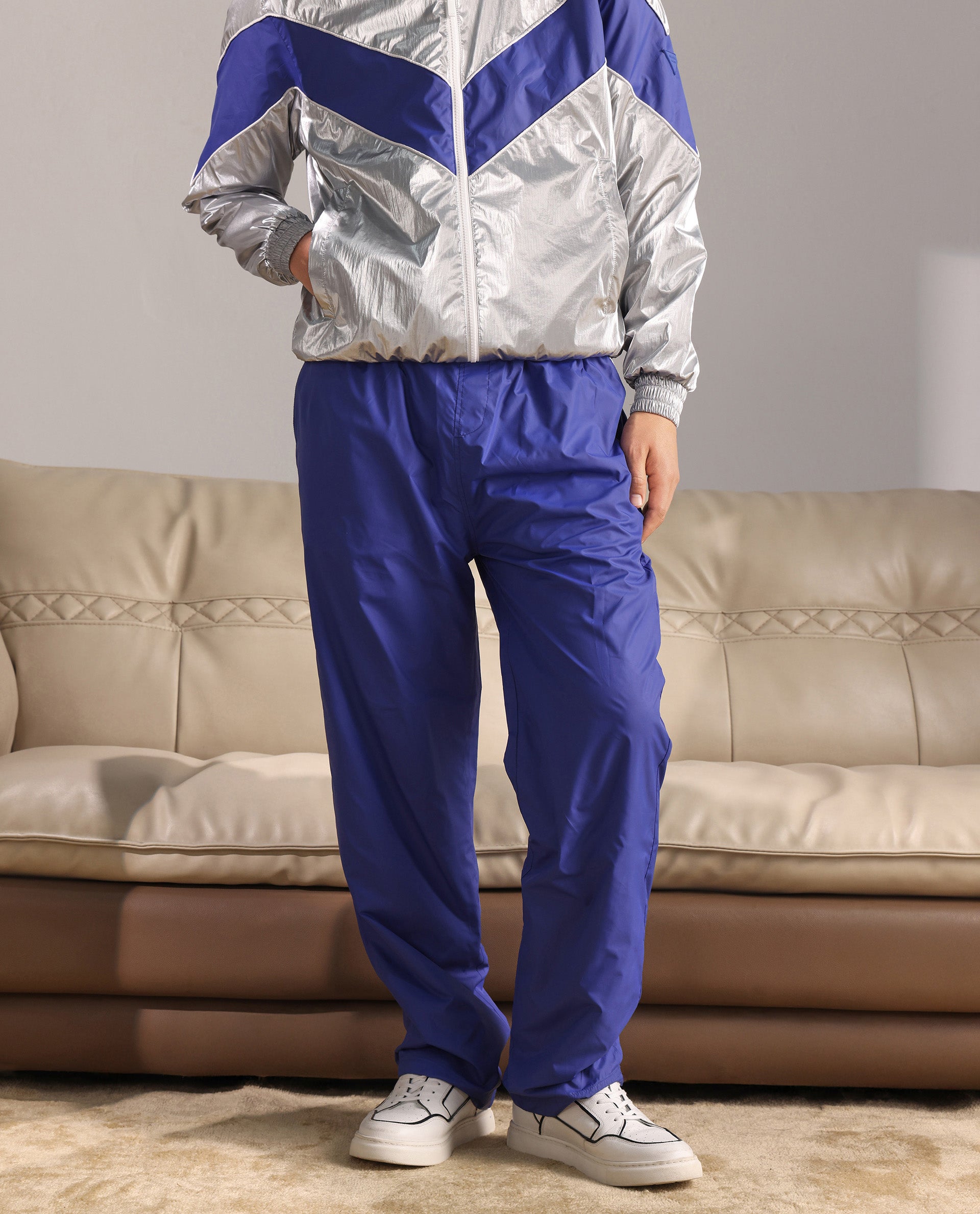 Rare Rabbit Men Albi-B Blue Nylon Fabric Elasticated Waistband with Drawstring Closure Plain Track Pant