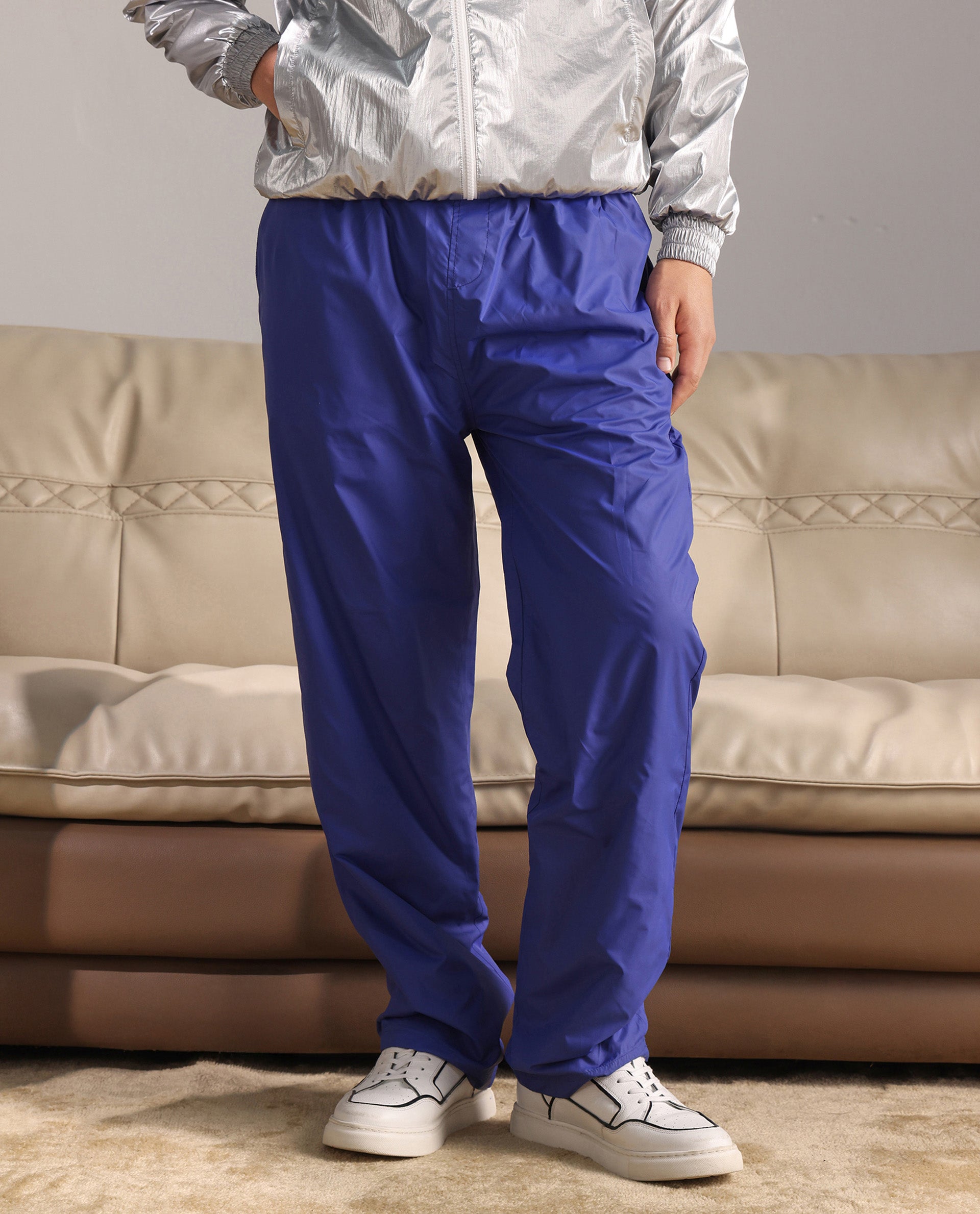 Rare Rabbit Men Albi-B Blue Nylon Fabric Elasticated Waistband with Drawstring Closure Plain Track Pant