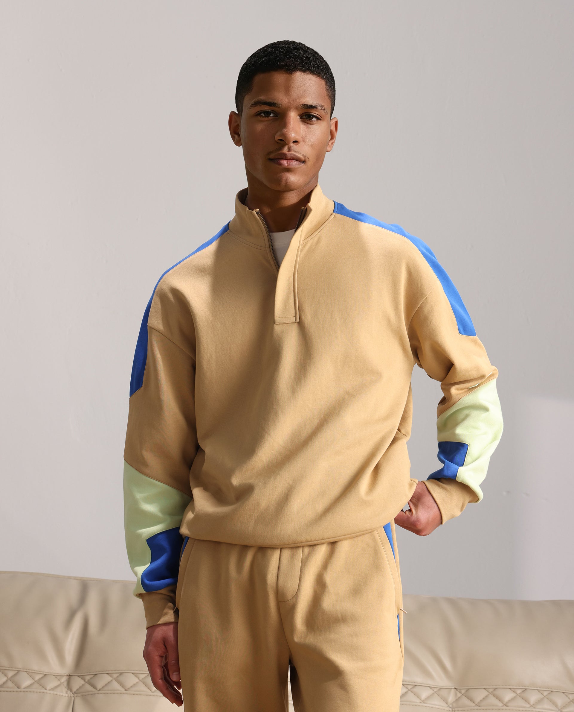 Rare Rabbit Men Armo-1 Dusky Beige Full Sleeve Hooded Plain Sweatshirt