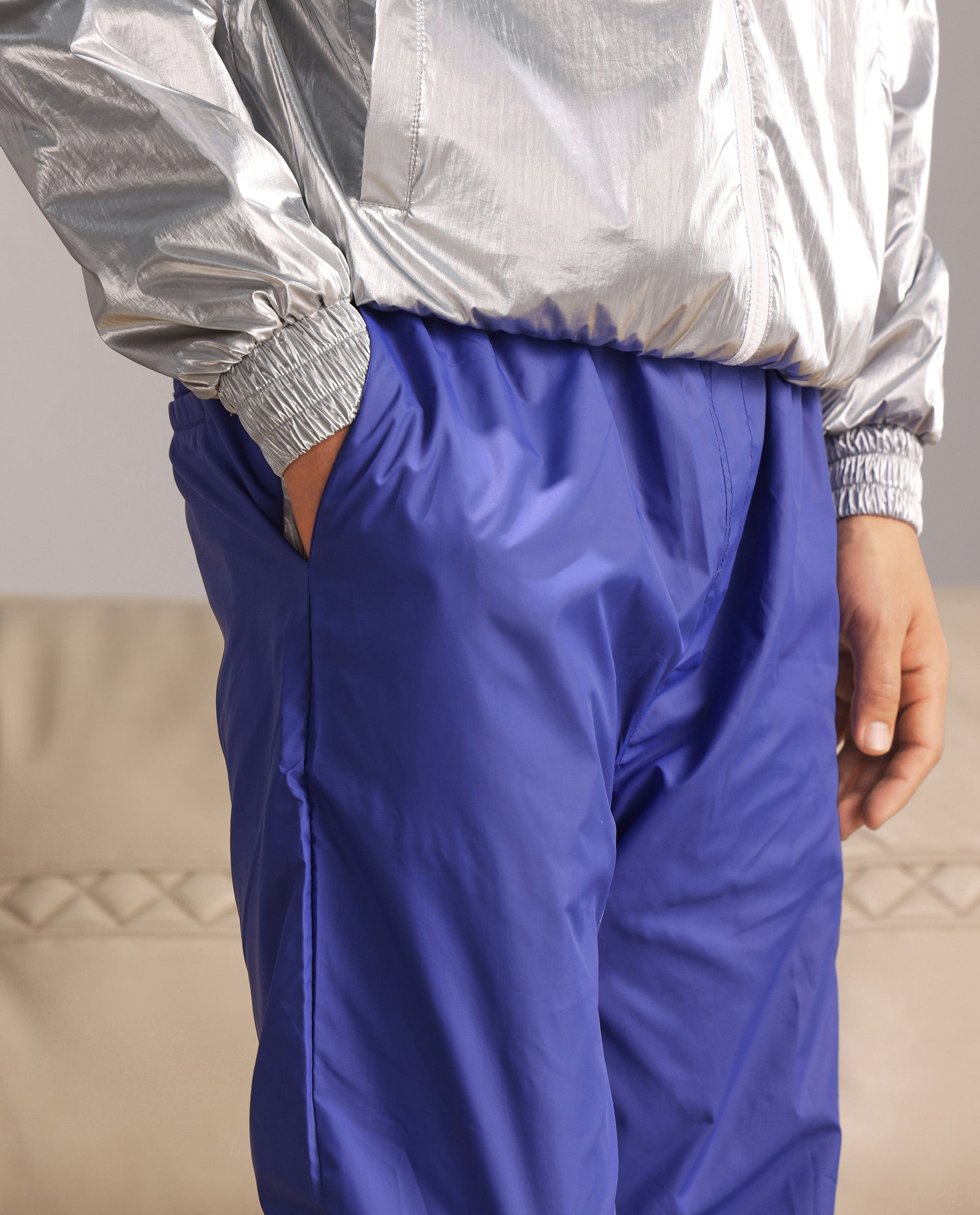 Rare Rabbit Men Albi-B Blue Nylon Fabric Elasticated Waistband with Drawstring Closure Plain Track Pant