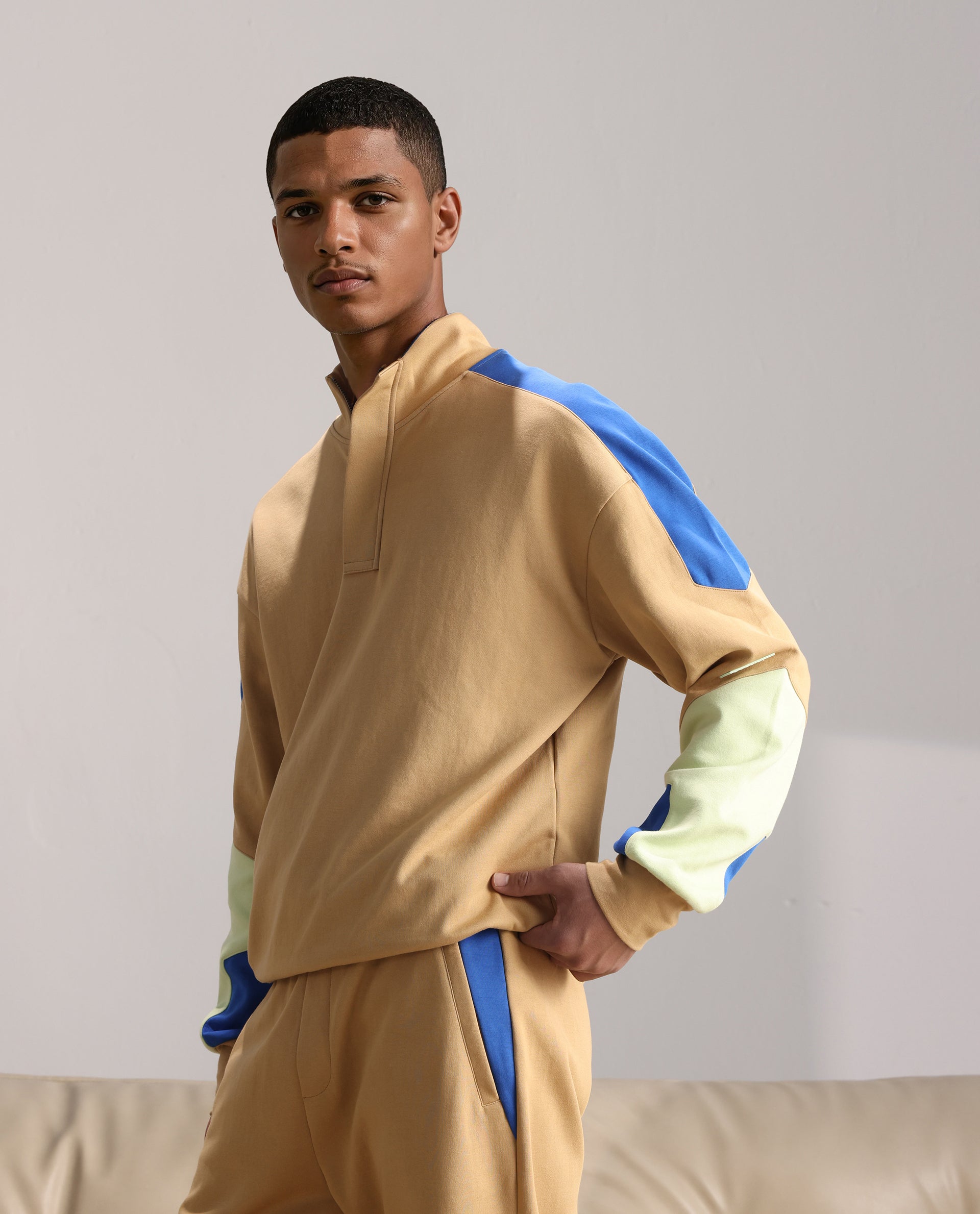 Rare Rabbit Men Armo-1 Dusky Beige Full Sleeve Hooded Plain Sweatshirt