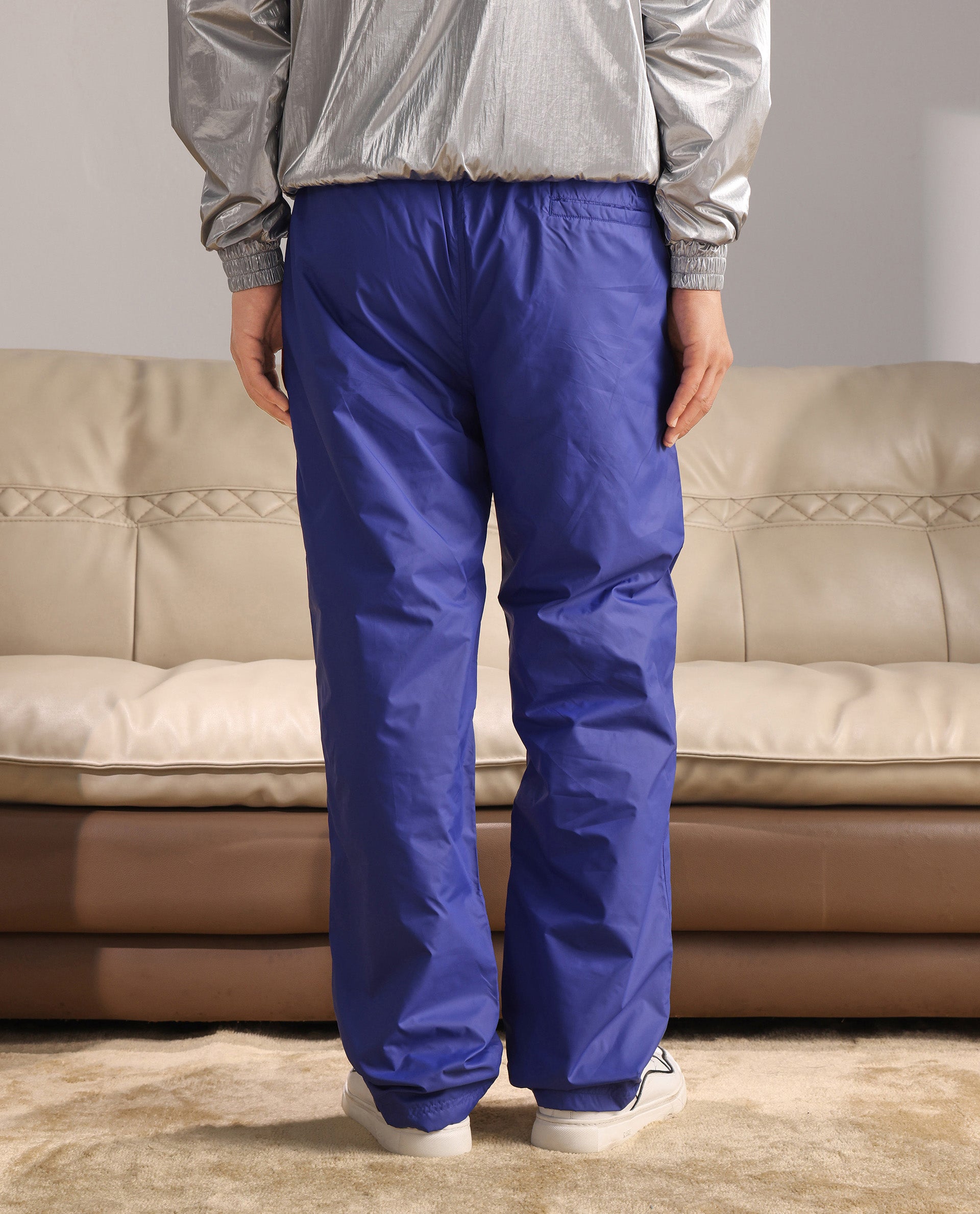 Rare Rabbit Men Albi-B Blue Nylon Fabric Elasticated Waistband with Drawstring Closure Plain Track Pant