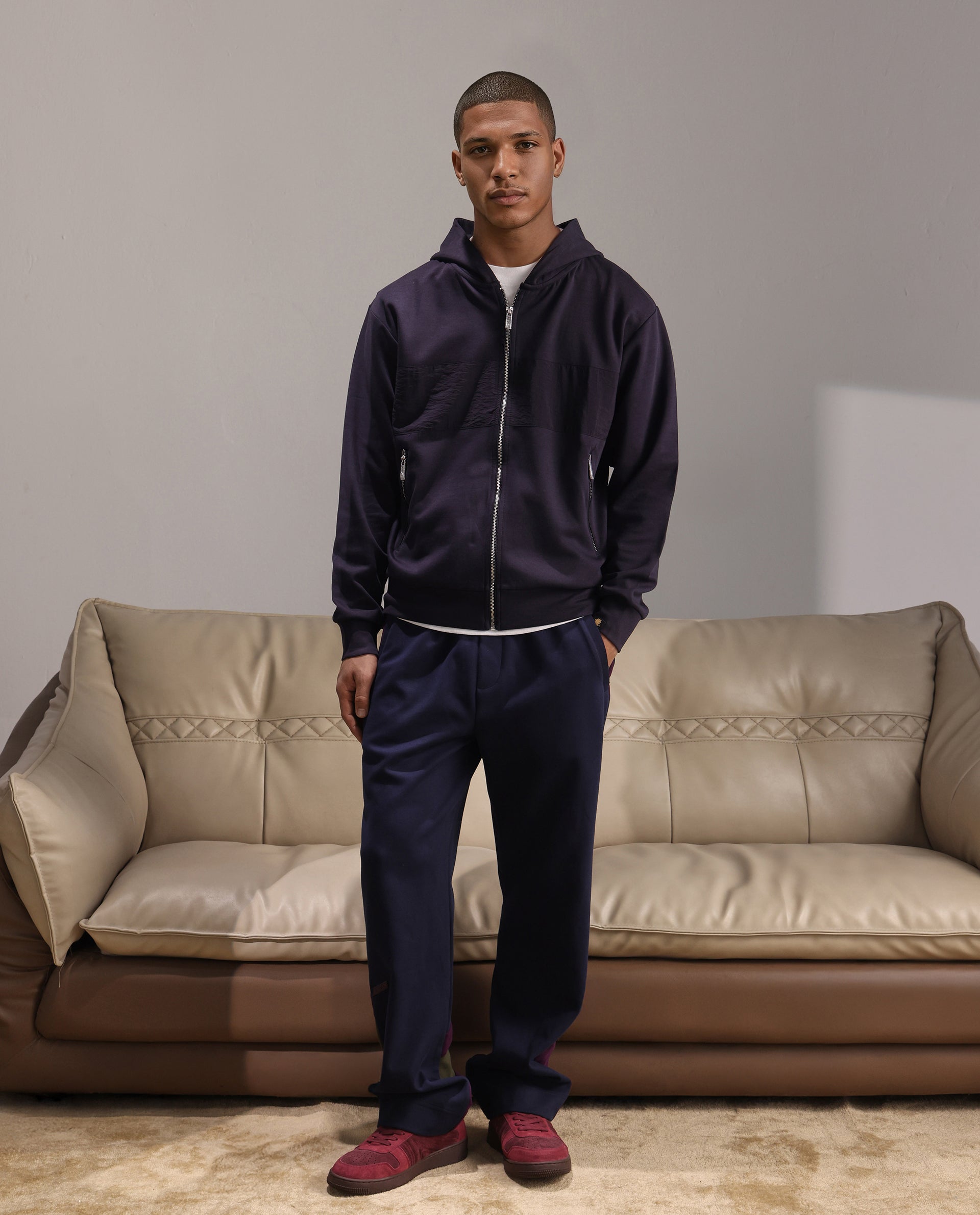 Rare Rabbit Men Monct Navy Nylon Fabric Full Sleeve Hooded Cut and Sew Sweatshirt