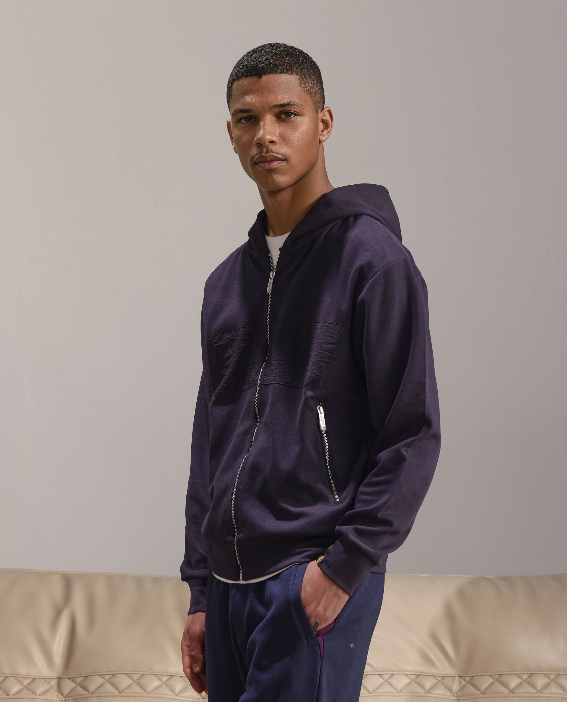 Rare Rabbit Men Monct Navy Nylon Fabric Full Sleeve Hooded Cut and Sew Sweatshirt