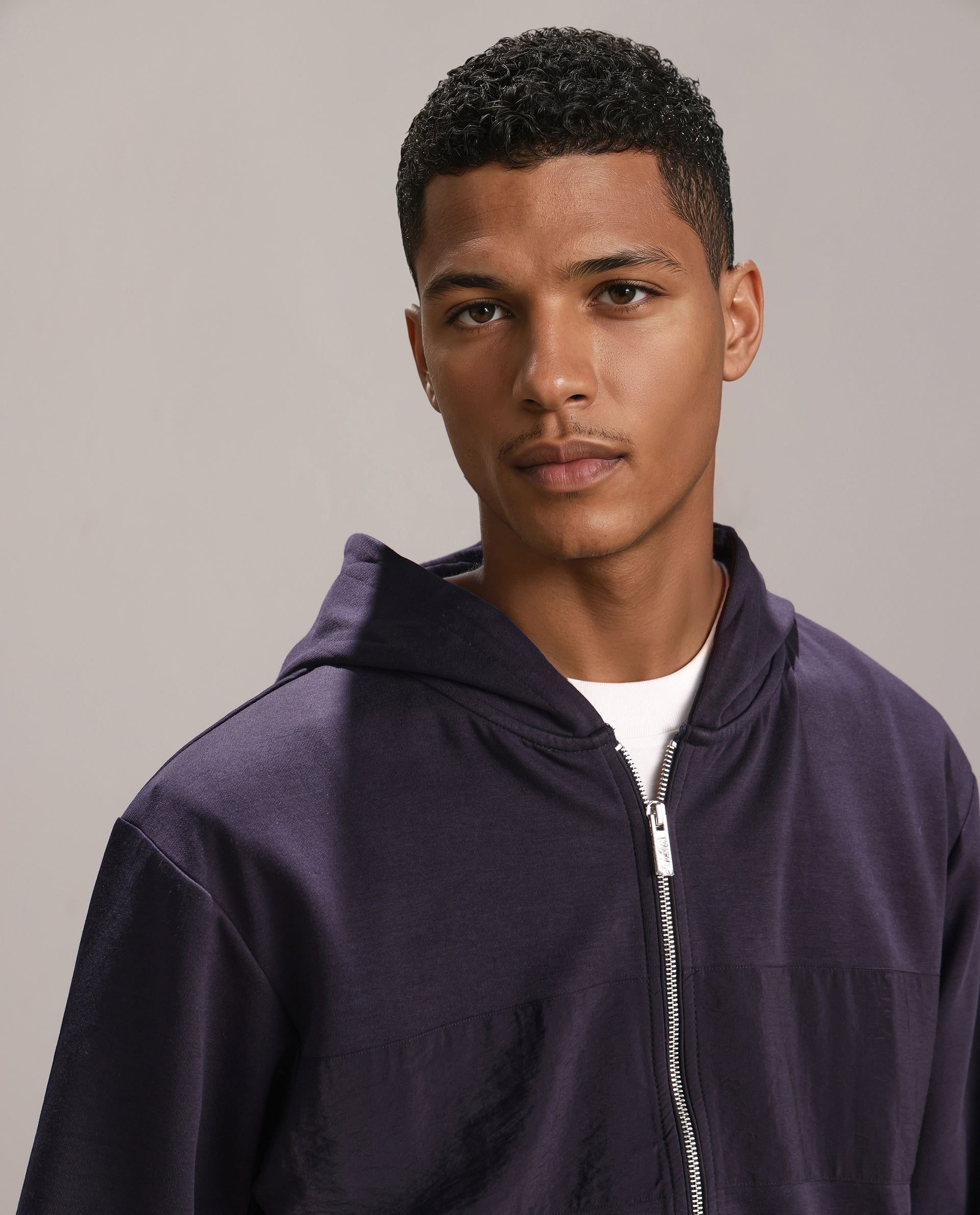 Rare Rabbit Men Monct Navy Nylon Fabric Full Sleeve Hooded Cut and Sew Sweatshirt