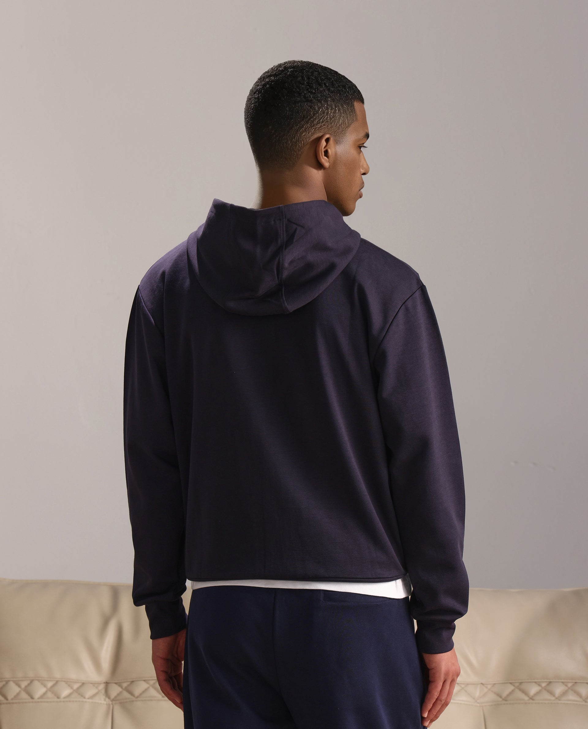 Rare Rabbit Men Monct Navy Nylon Fabric Full Sleeve Hooded Cut and Sew Sweatshirt