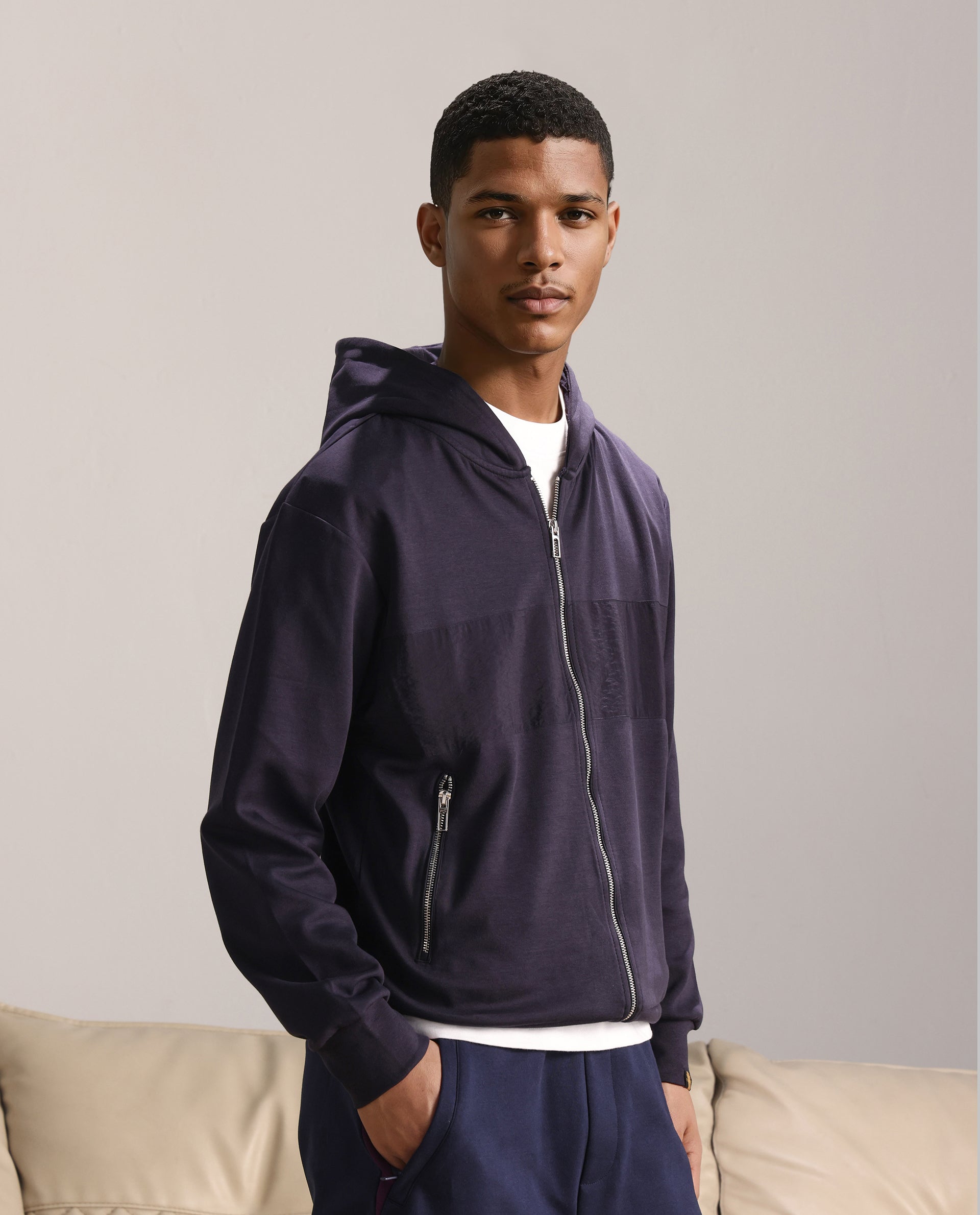 Rare Rabbit Men Monct Navy Nylon Fabric Full Sleeve Hooded Cut and Sew Sweatshirt