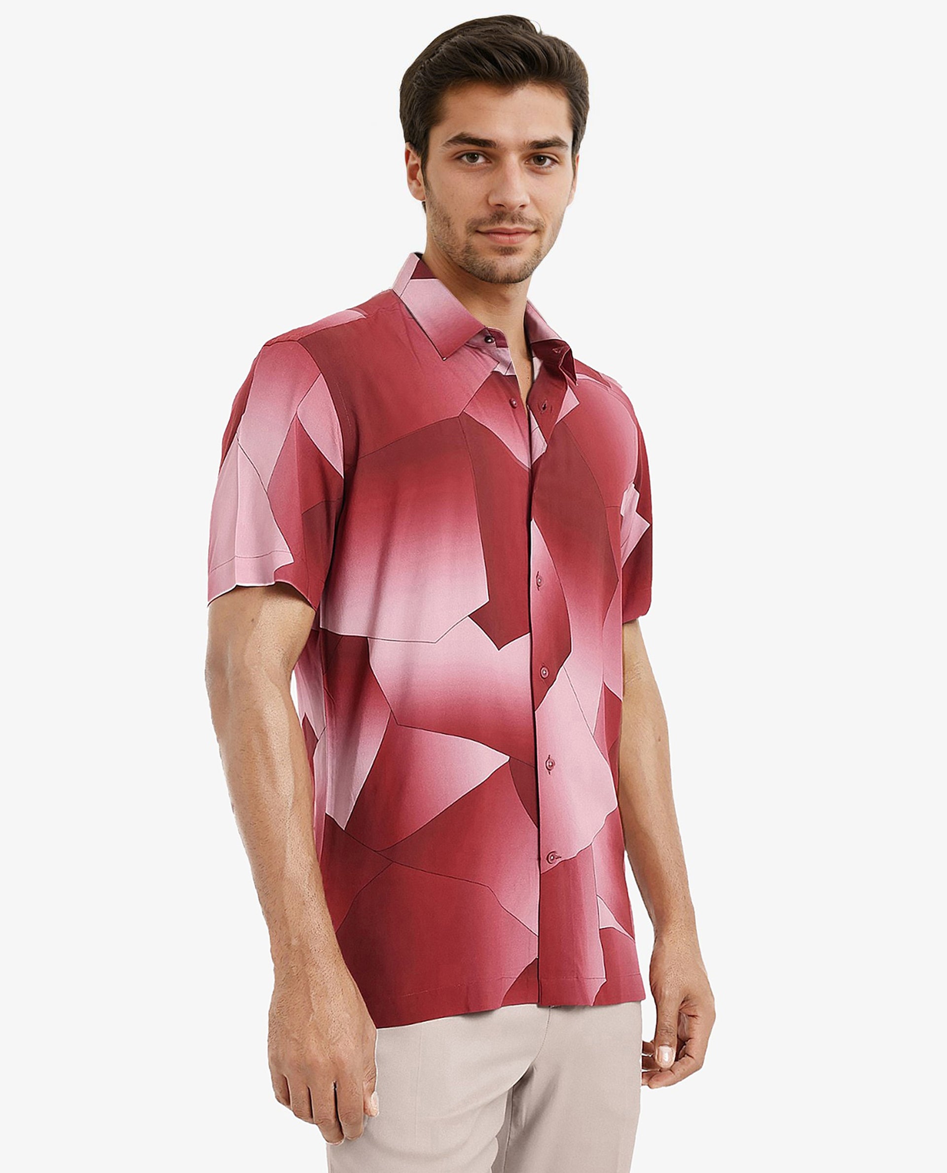 Rare Rabbit Men's Caplets Red Modal Fabric Abstract Print Half Sleeves Shirt