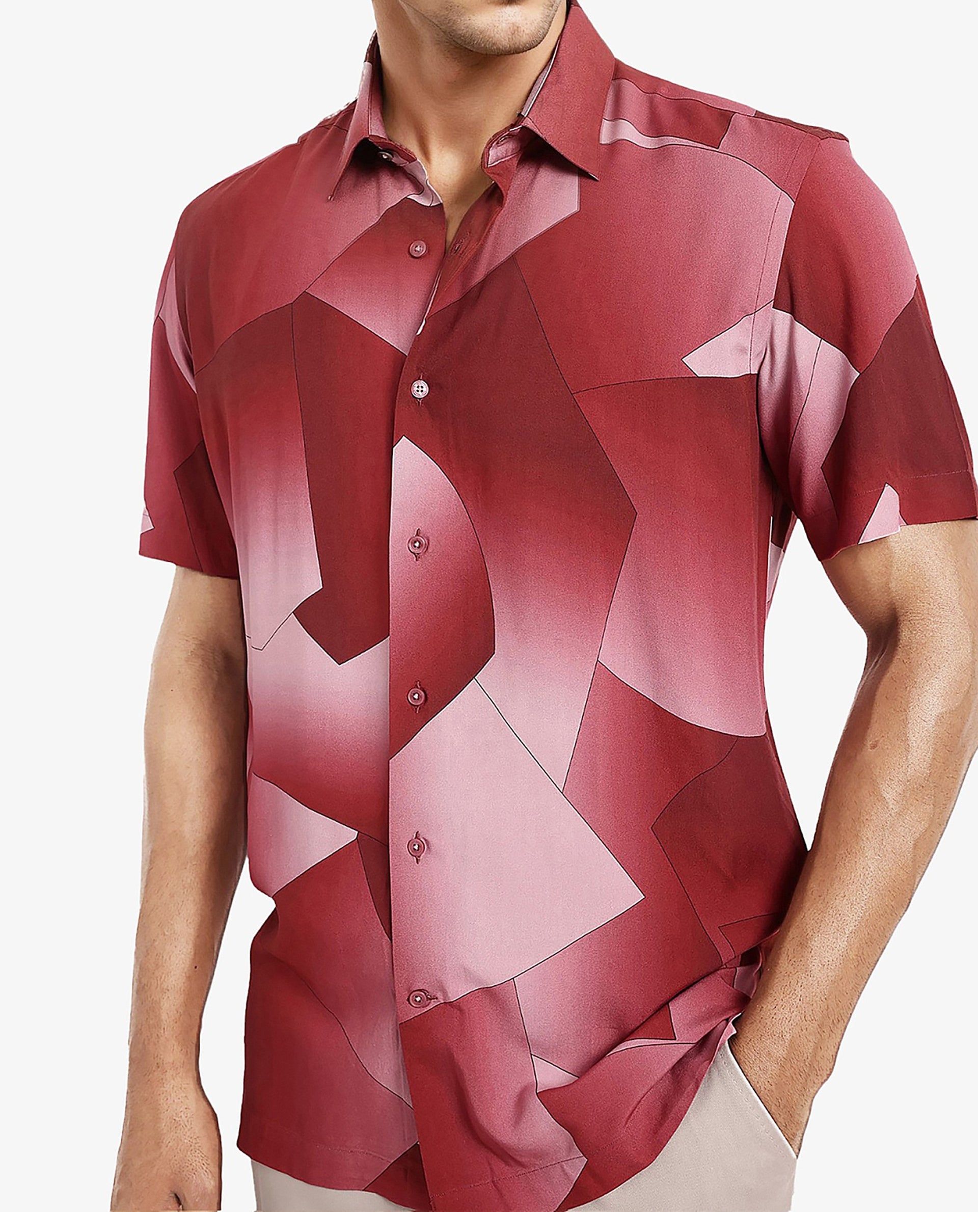 Rare Rabbit Men's Caplets Red Modal Fabric Abstract Print Half Sleeves Shirt