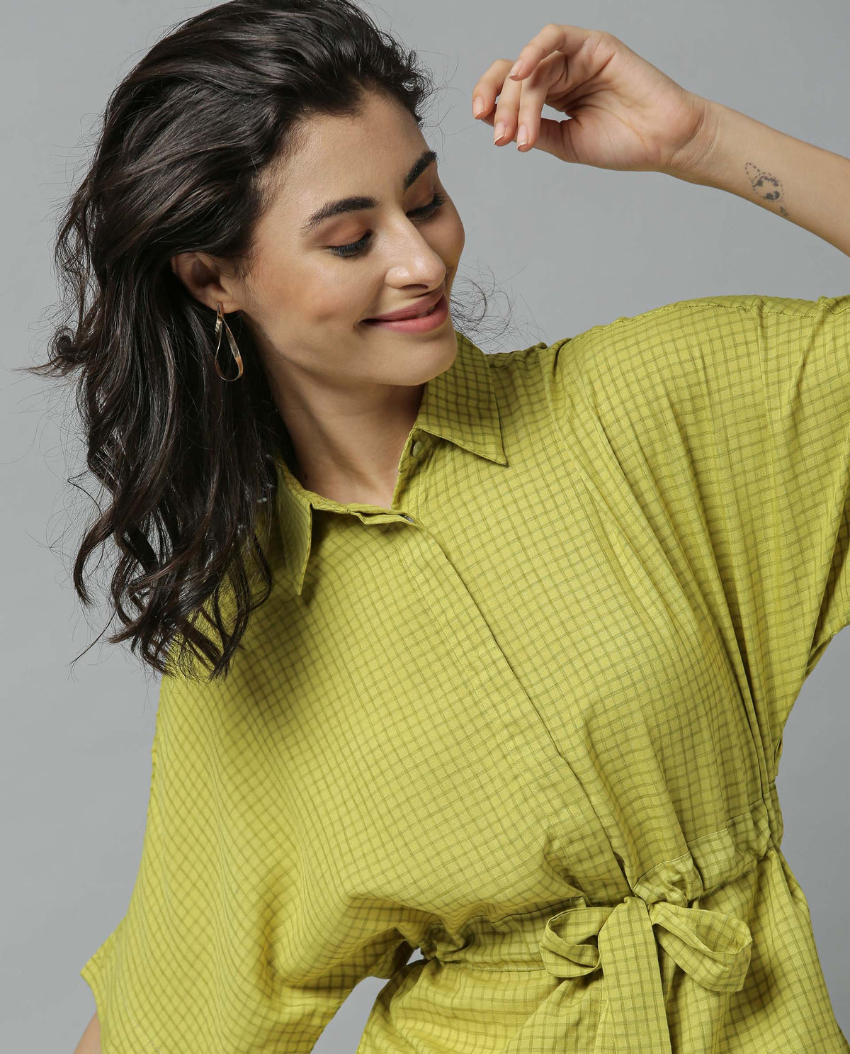 Rareism Women Dope Green Top Short Sleeves Checks