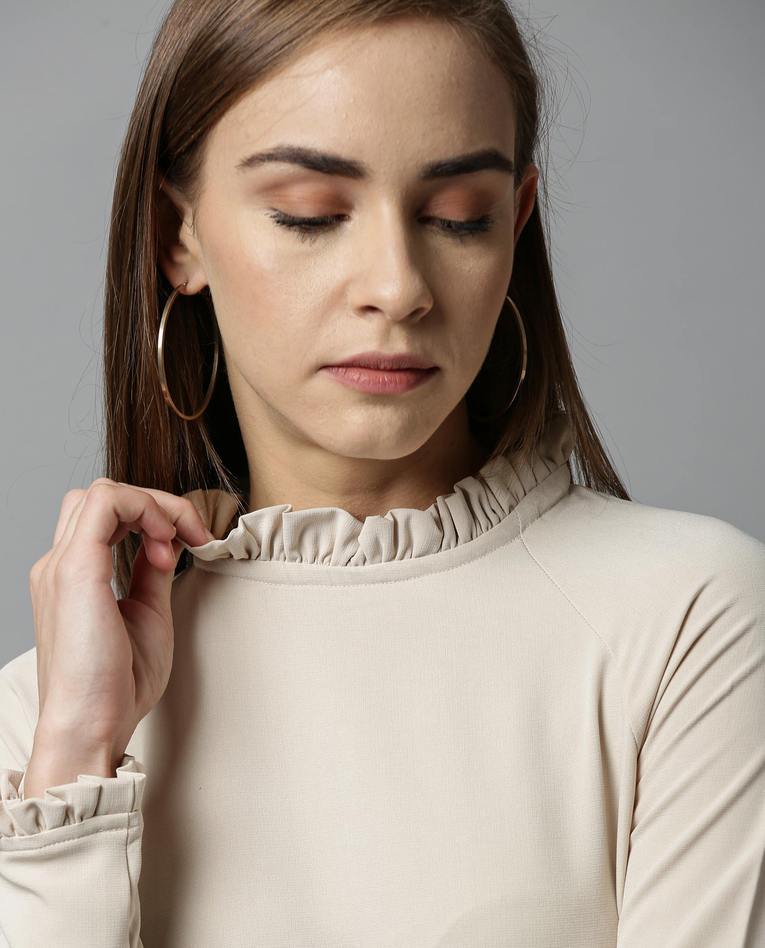 Rareism Women Concert Beige Dress Full Sleeves Solid