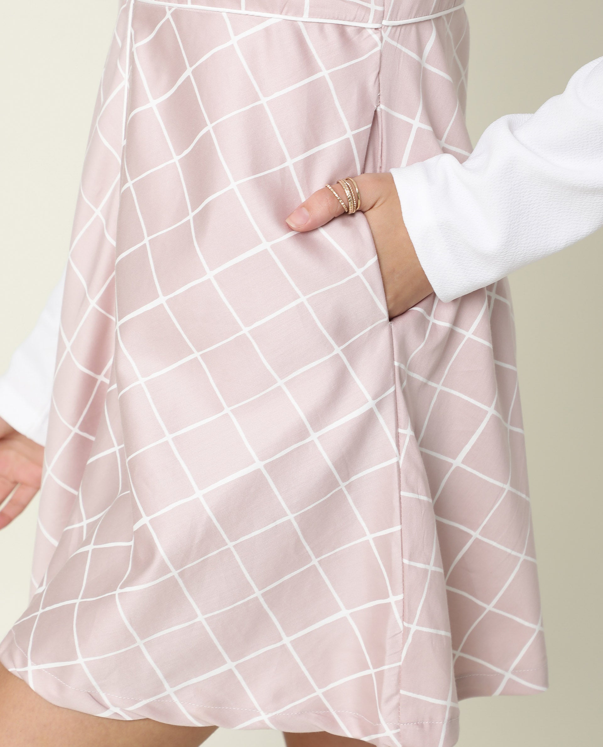 Rareism Women's Akal Pink Cotton Blend Fabric V-Neck Zipper Closure Sleeveless Checked Mini Dress