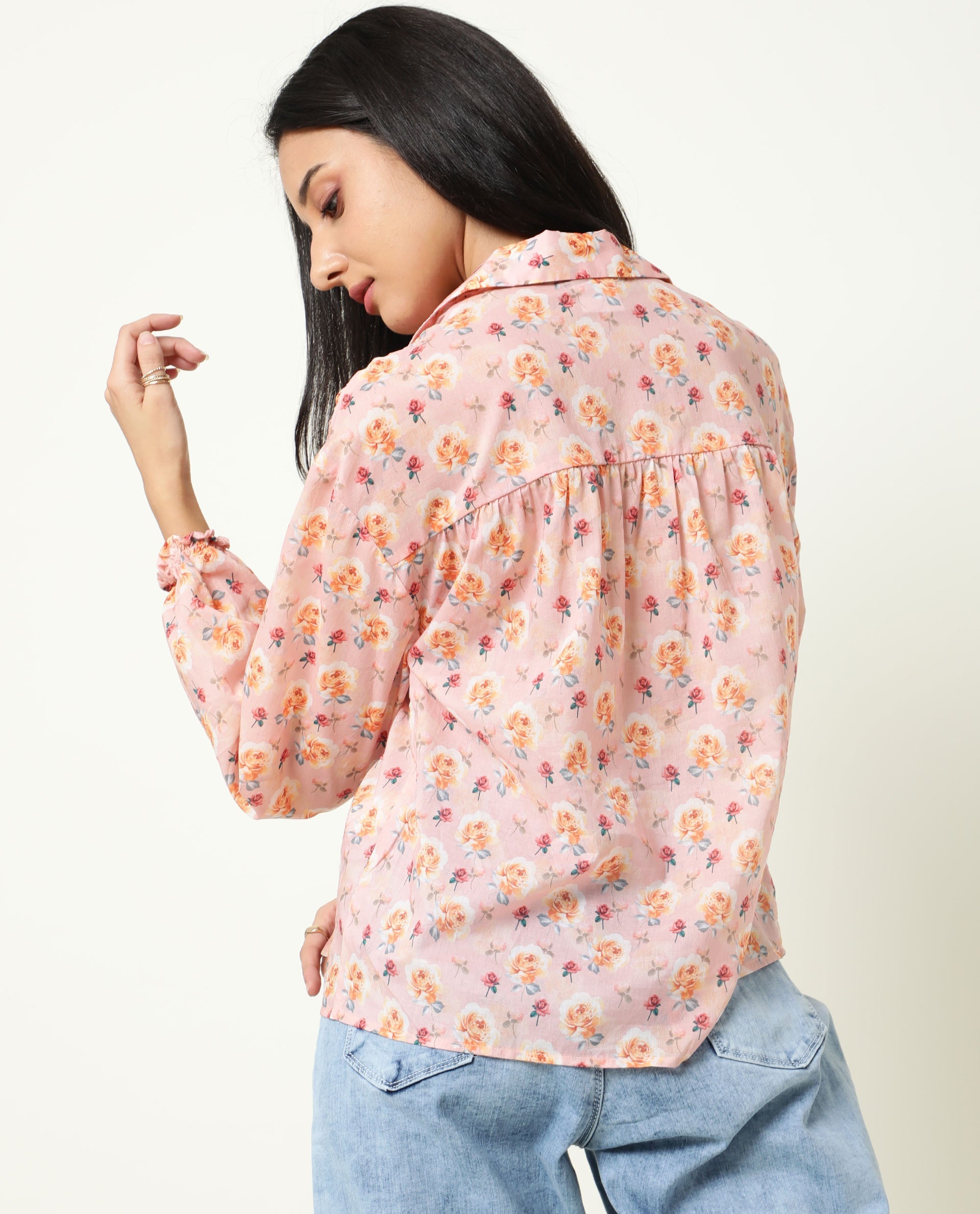 Rareism Women Joyce Pink Cotton Fabric Regular Fit Shirt Collar Full Sleeves Floral Print Top
