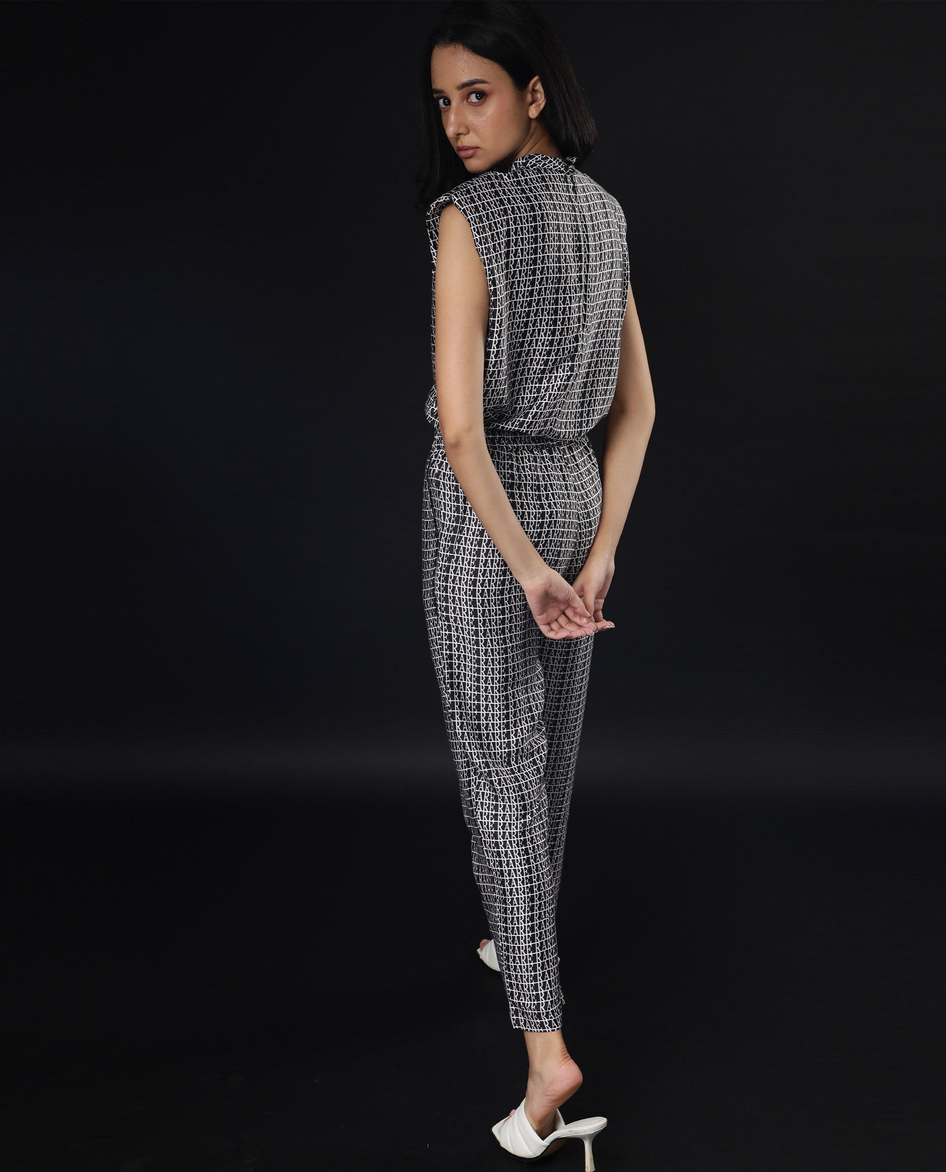 Rareism Women Blakey Black Modal Satin Fabric Tailored Fit Mid Rise Graphic Print Ankle Length Trousers