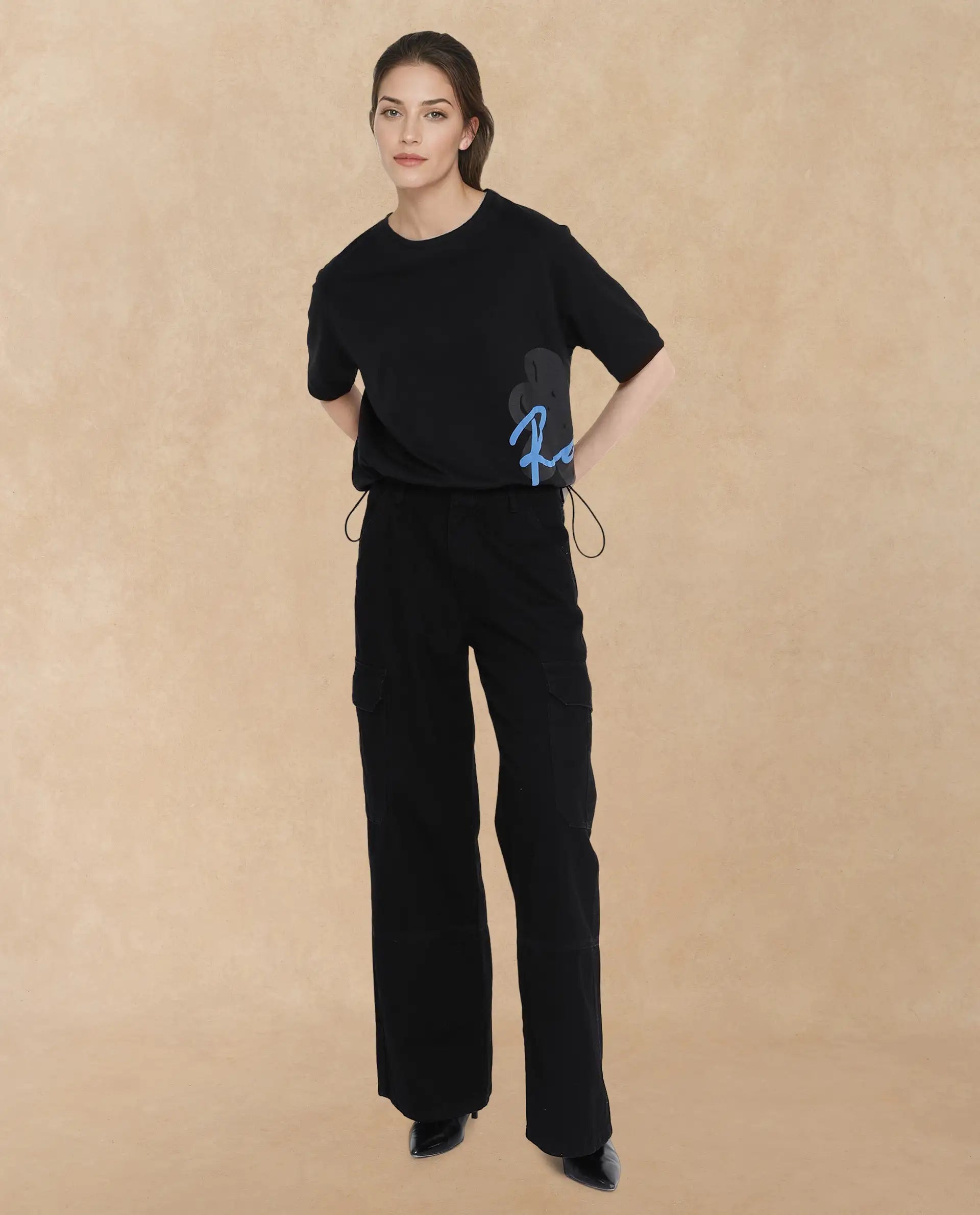 Rareism Women Marco Black Cotton Lycra Fabric Short Sleeve Crew Neck Graphic Print T-Shirt