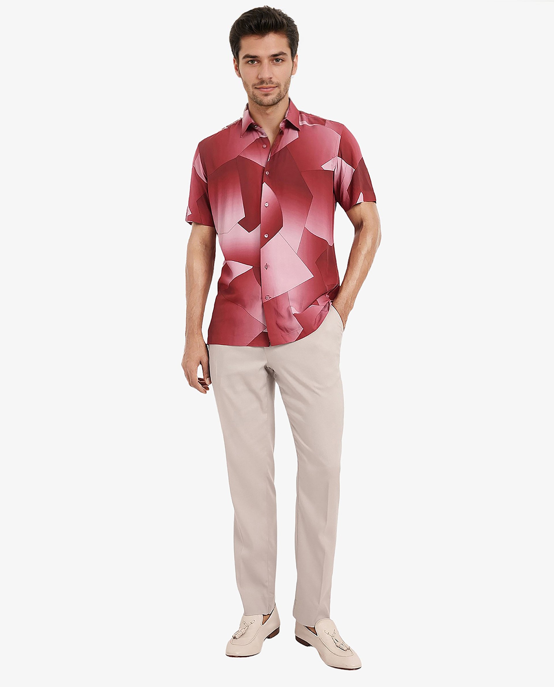 Rare Rabbit Men's Caplets Red Modal Fabric Abstract Print Half Sleeves Shirt