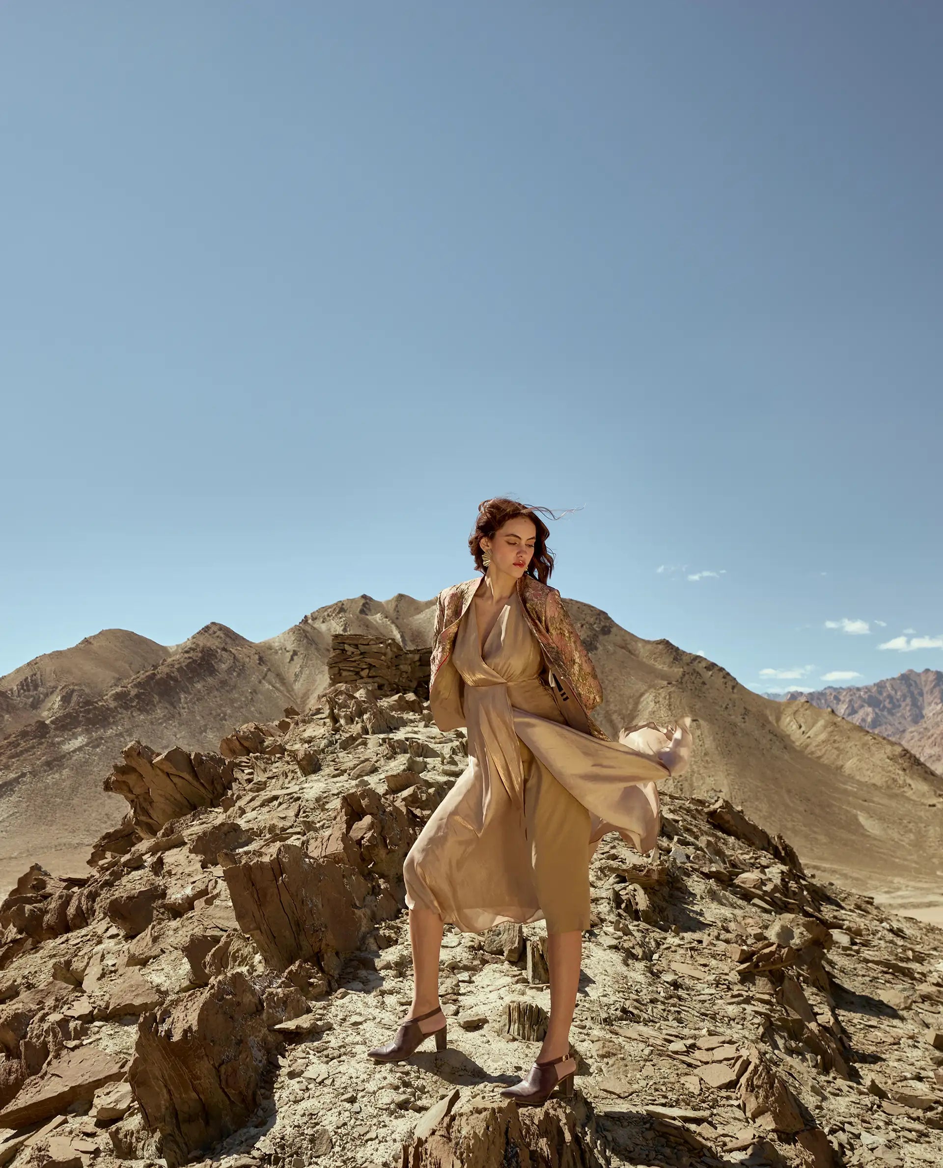 Rareism Women's Avsin Gold Polyester Wrap Neck Fit And Flare Plain Midi Dress