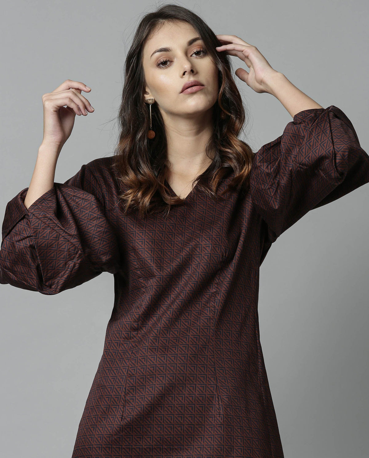 Rareism Women Drag Brown Dress Full Sleeves Printed