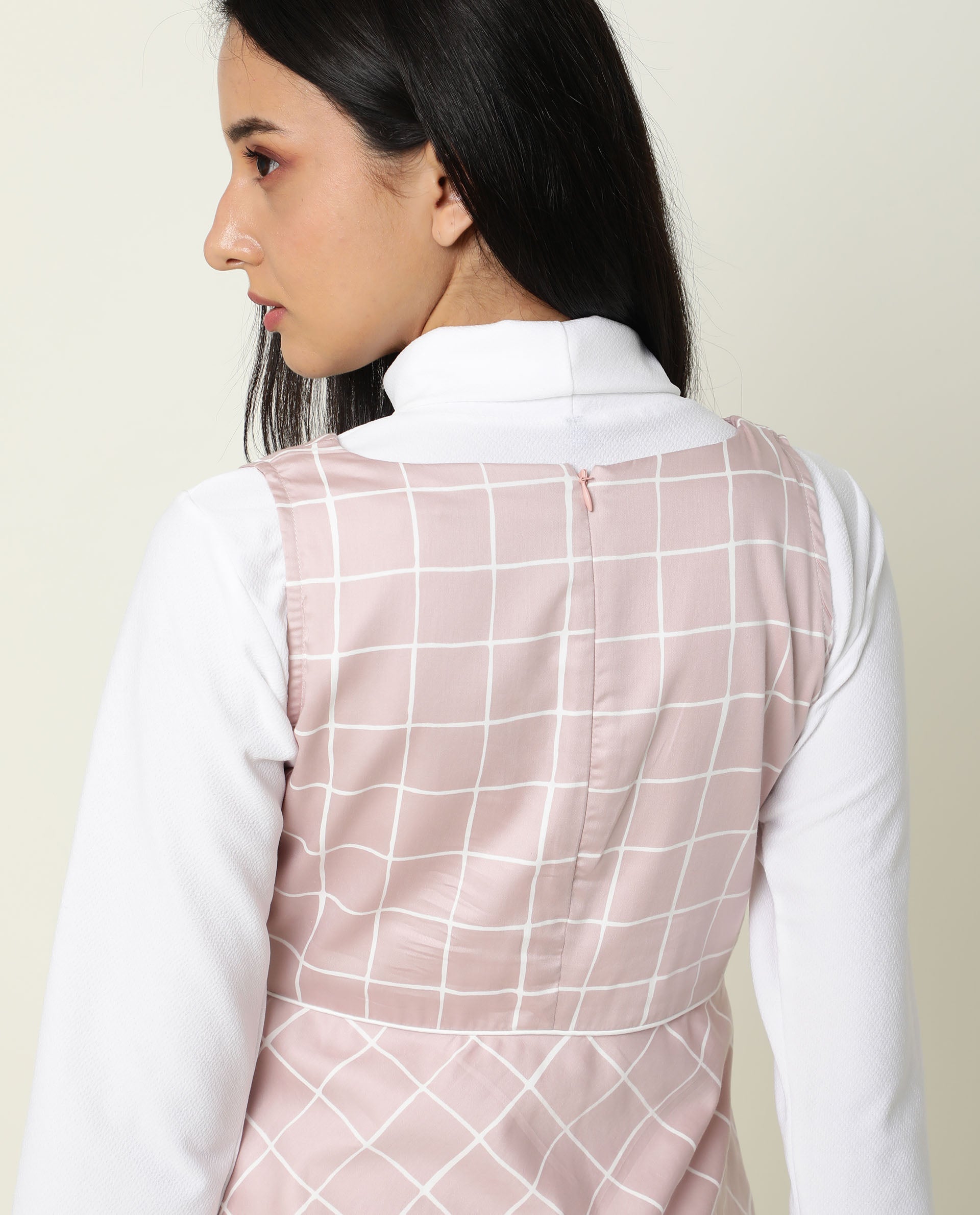 Rareism Women's Akal Pink Cotton Blend Fabric V-Neck Zipper Closure Sleeveless Checked Mini Dress