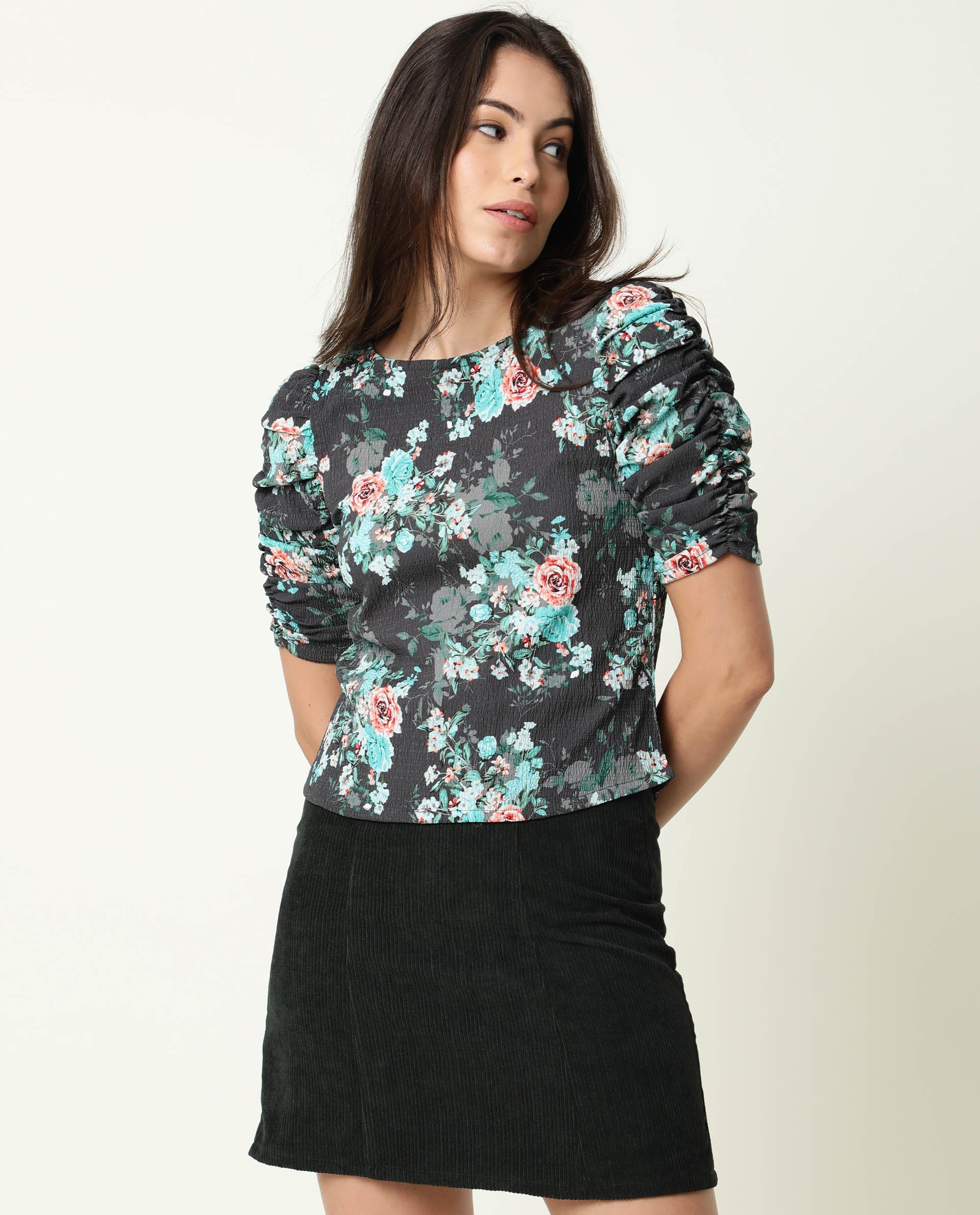 Rareism Womens Flake Grey Top Polycotton Fabric 3/4 Sleeve Round Neck