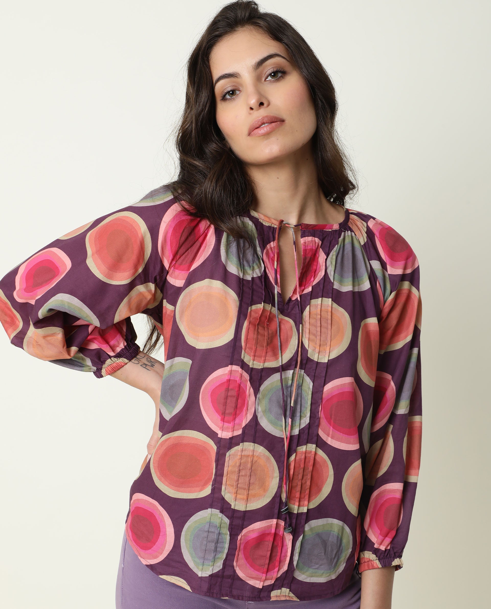 Rareism Women Orlie Purple Cotton Fabric Relaxed Fit Key Hole Neck 3/4Th Sleeves Geometric Print Top