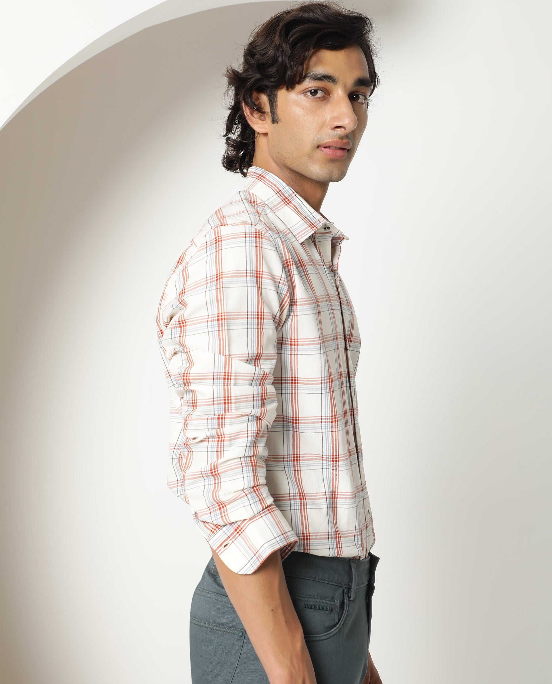 Rare Rabbit Men's Fernie Mustard Orange Fabric Full Sleeves Checks Shirt