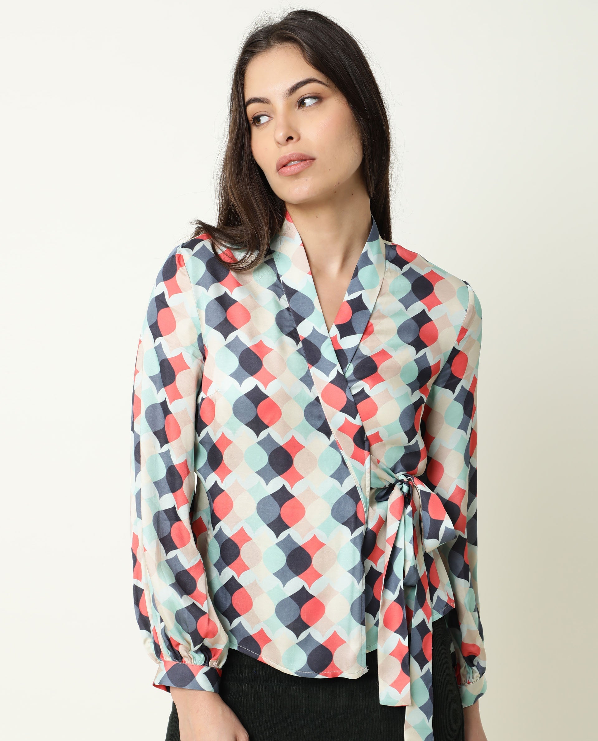 Rareism Womens Golf Multi Top Modal Satin Fabric Full Sleeve V Neck