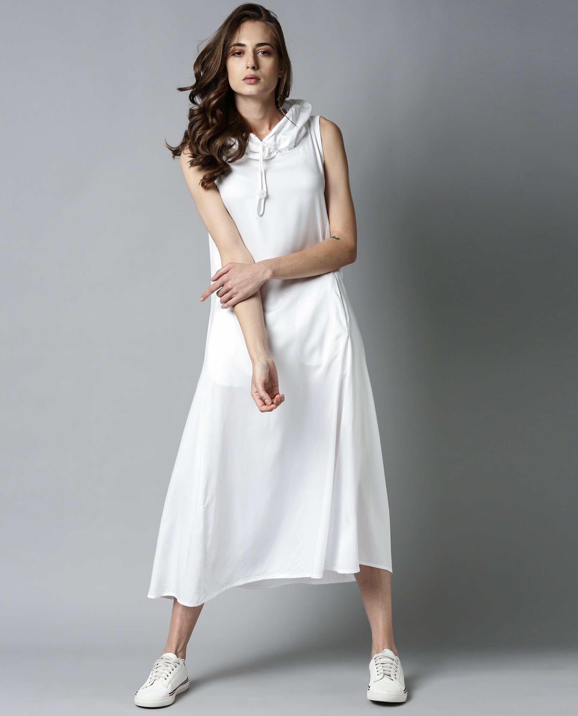 Rareism Womens Cruise White Dress Cotton Fabric Regular Fit Sleeveless Round Neck