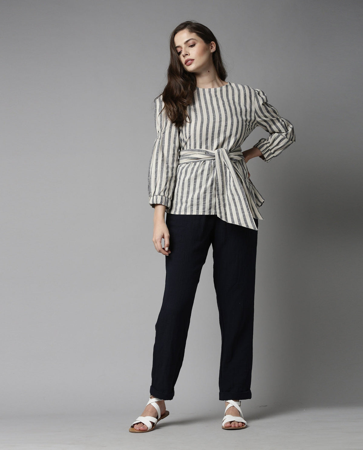 Rareism Women Ceris Navy Top Short Sleeves Stripe