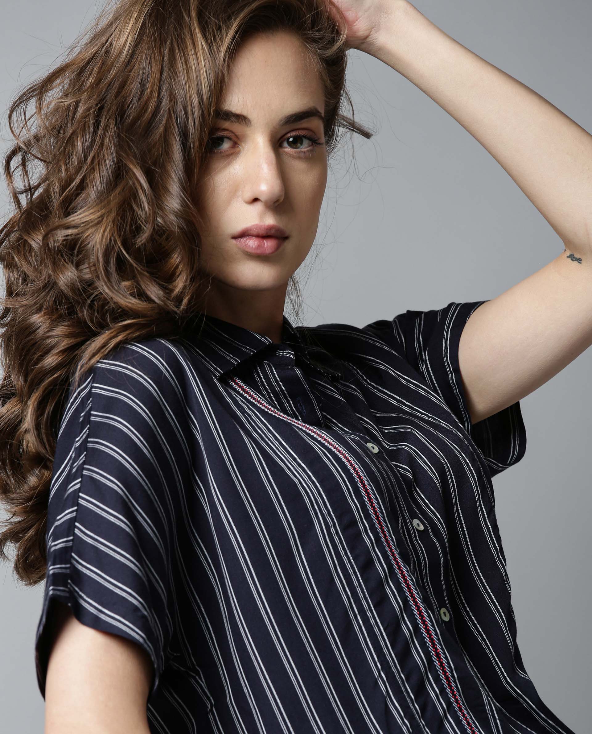 Rareism Womens Ciaga Navy Shirt Three Fourth Sleeve Band Collar