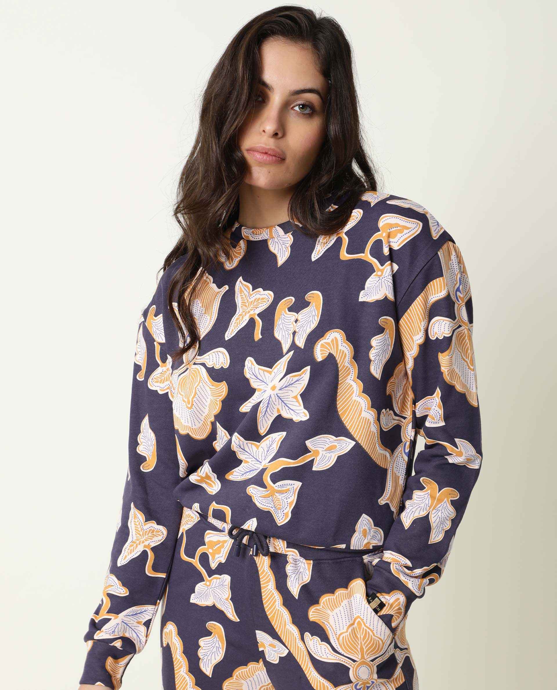 Rareism Women Denise Navy Cotton Fabric Relaxed Fit Full Sleeves Abstract Print Crew Neck Sweatshirt