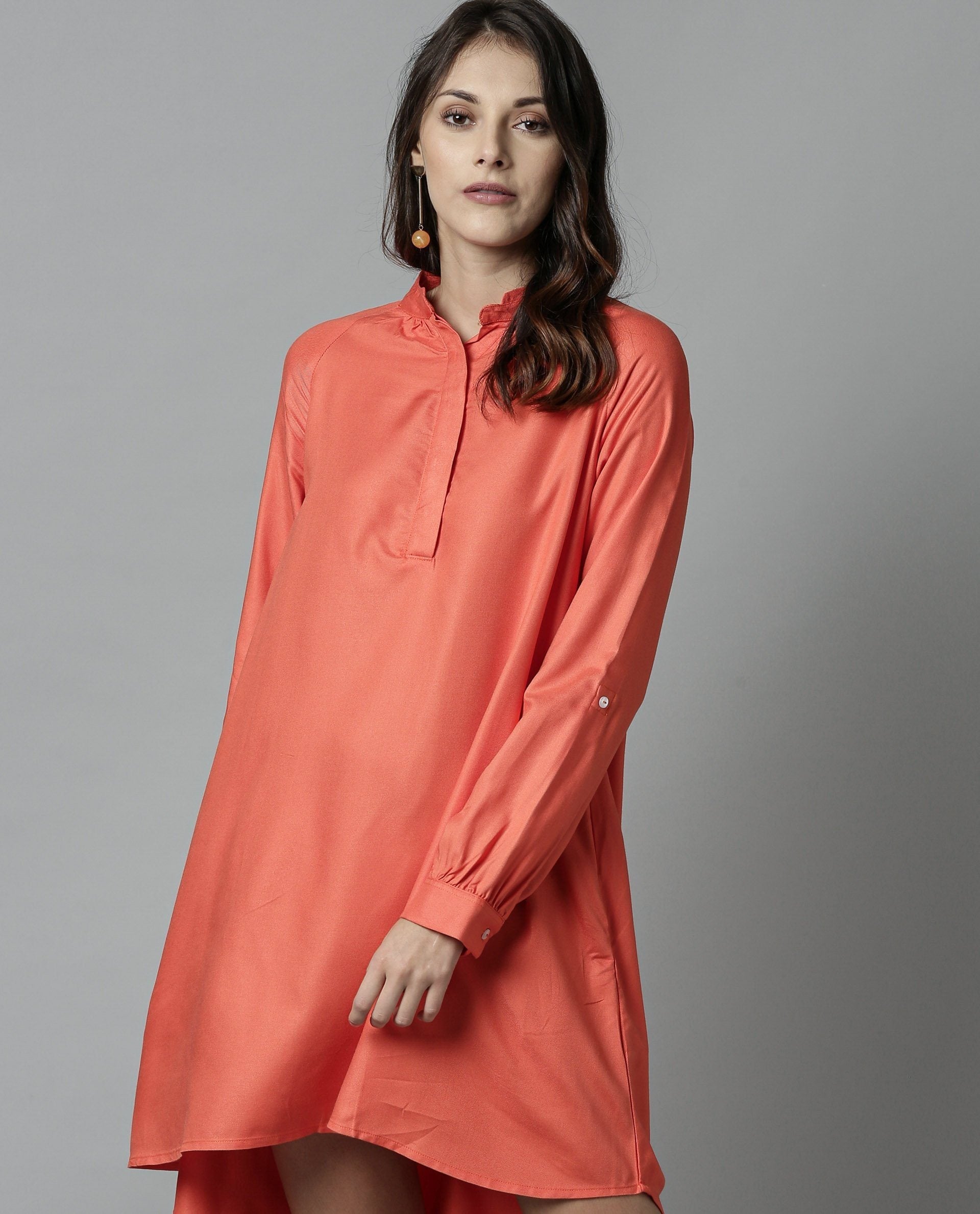 Rareism Women Salt Orange Dress Full Sleeves Solid