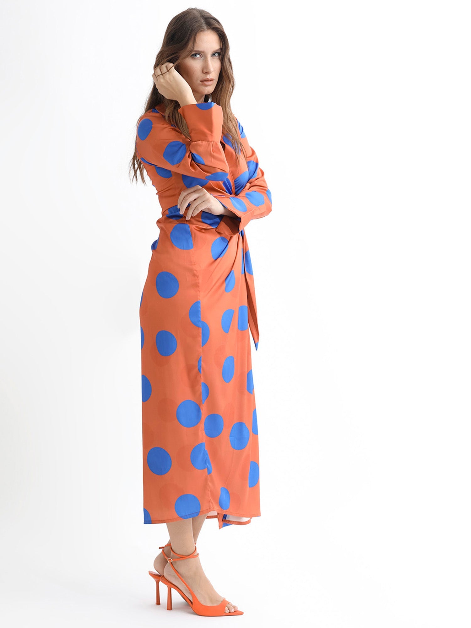 Rareism Women Farben Dark Orange Polyester Fabric Full Sleeves Tie-Up Closure Shirt Collar Regular Fit Polka Maxi Wrap Dress