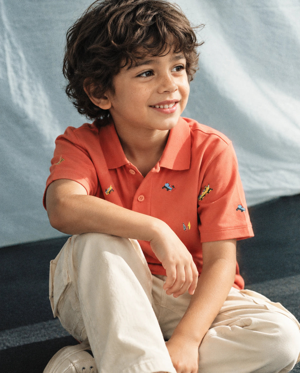 Rare Ones Kids Edric Light Orange Cotton Fabric Spread Collar Button Closure Regular Fit All Over Print Polo