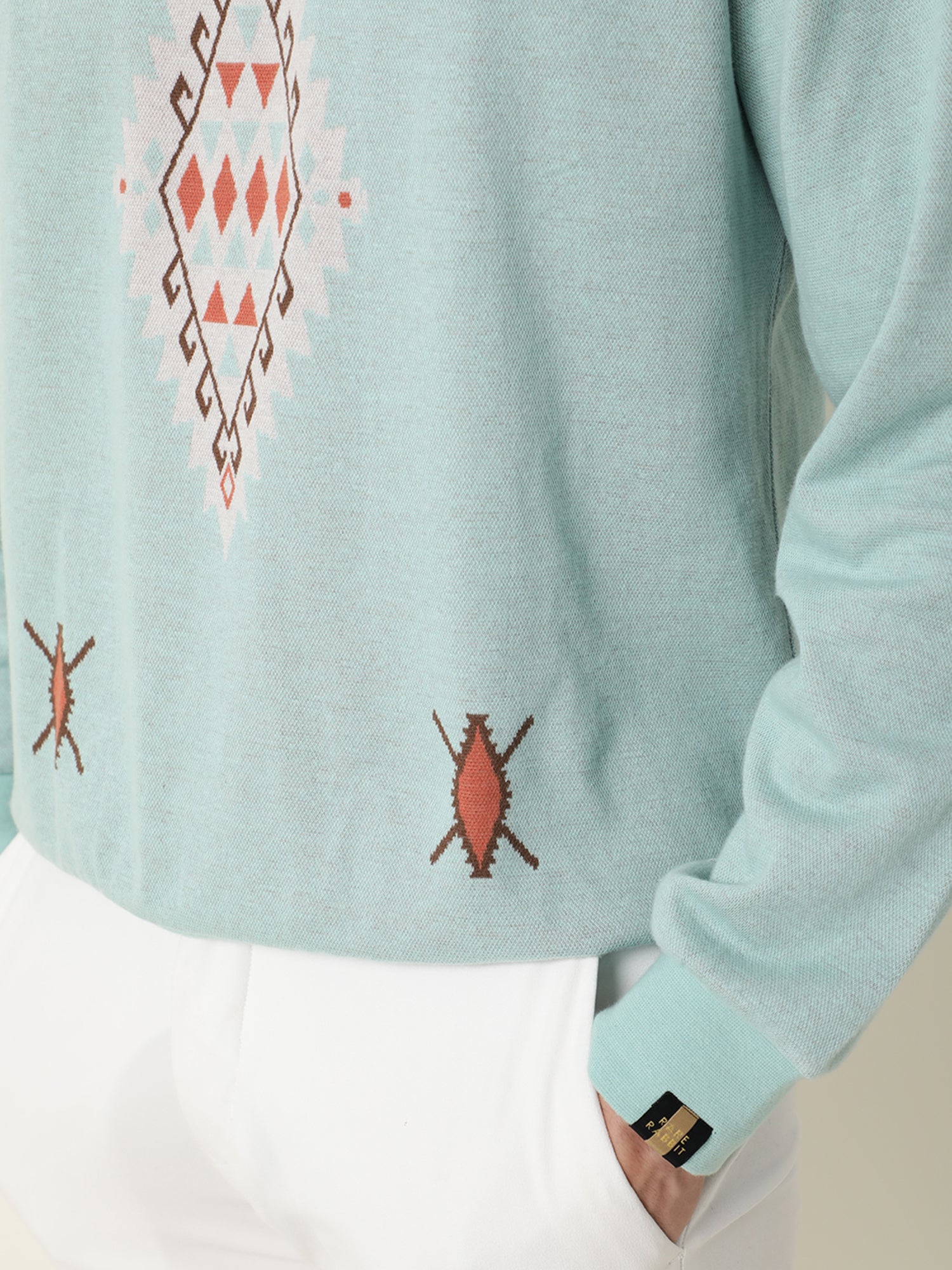 Rare Rabbit Men's Aztec Blue Cotton Fabric Full Sleeves Abstract Print Knitted Sweatshirt