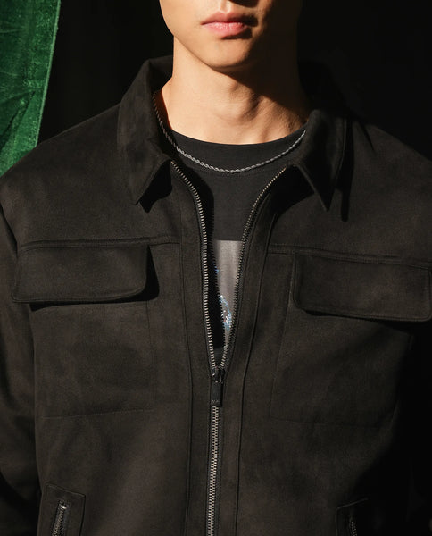 Rare Rabbit Men's Baxo Black Suede Plain Regular Fit Full Sleeve Spread  Collar Jacket