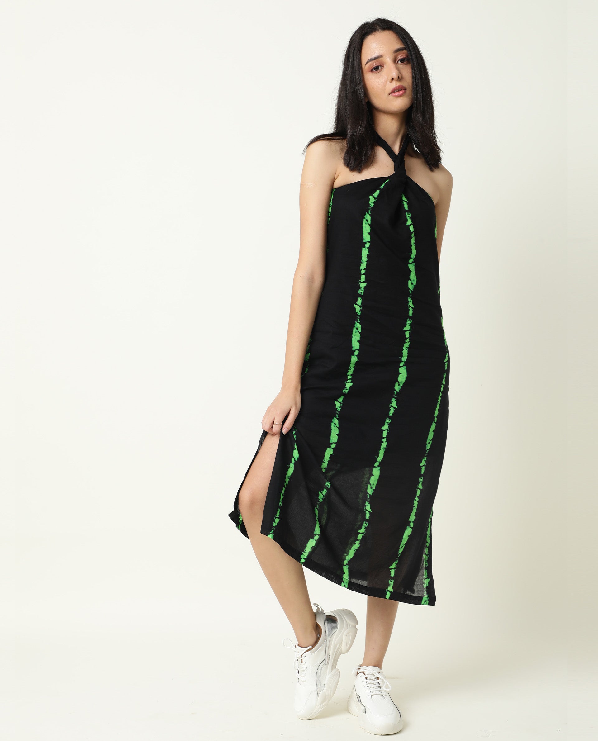 Rareism Women Heron Black Striped Halter Neck Back Tie-Up With Side Slits Midi Dress