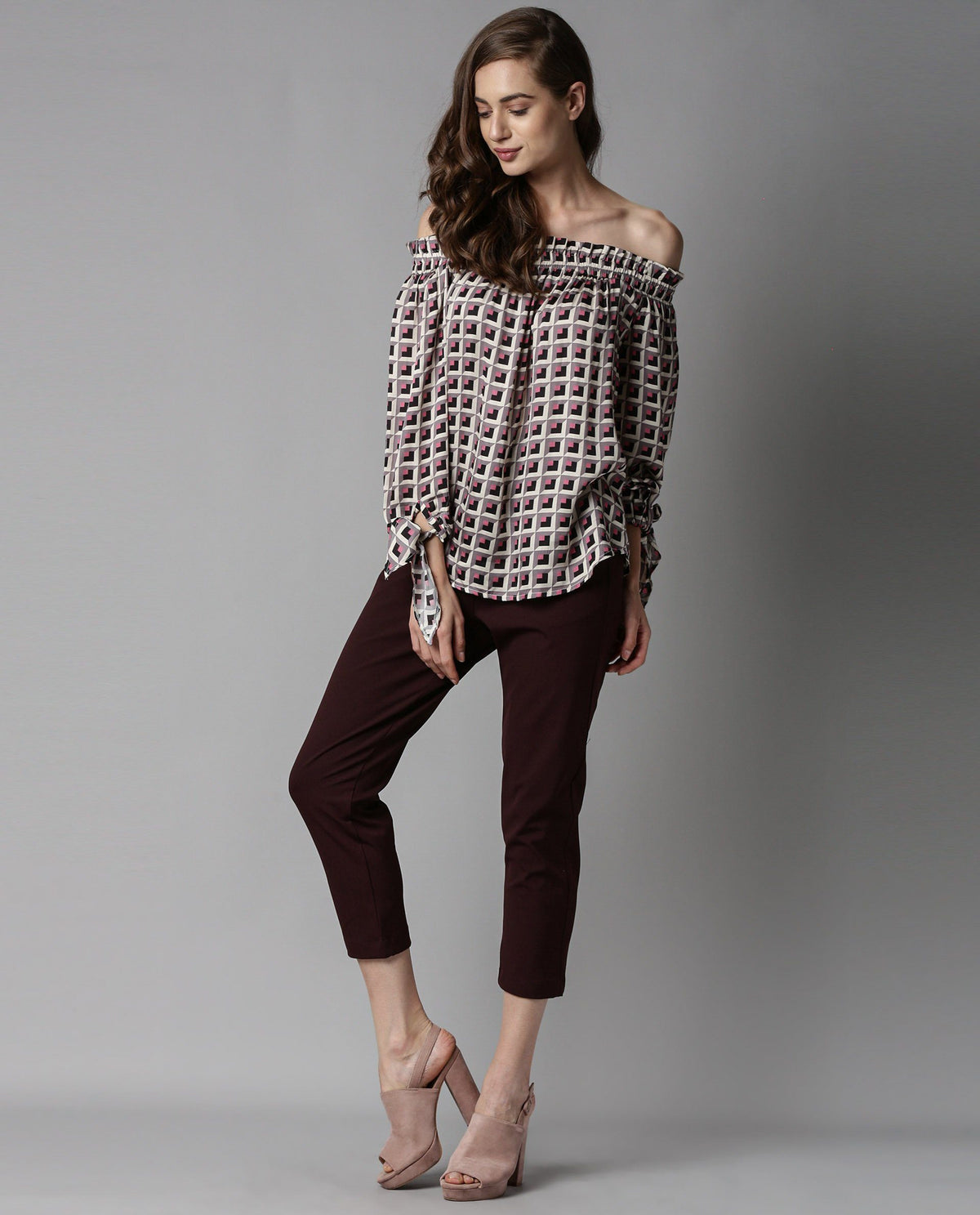 Rareism Women Fest Beige Top Short Sleeves Printed
