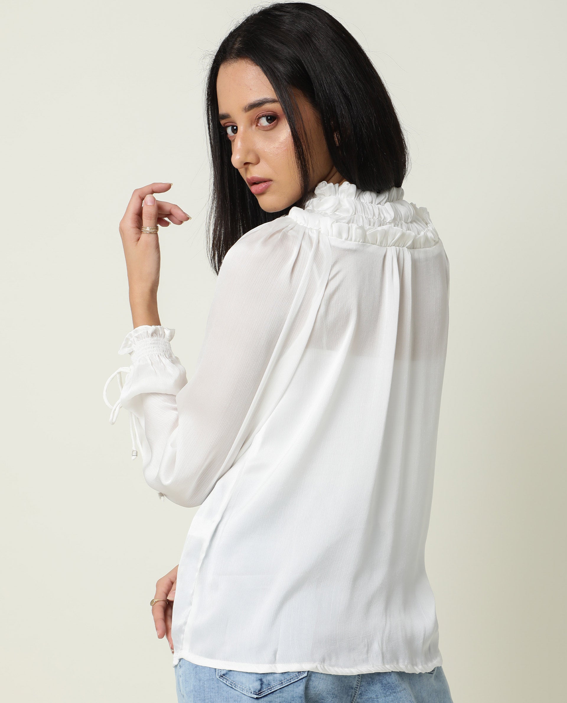 Rareism Womens Tremoe White Dress Polyester Fabric Normal Fit Full Sleeve V Neck