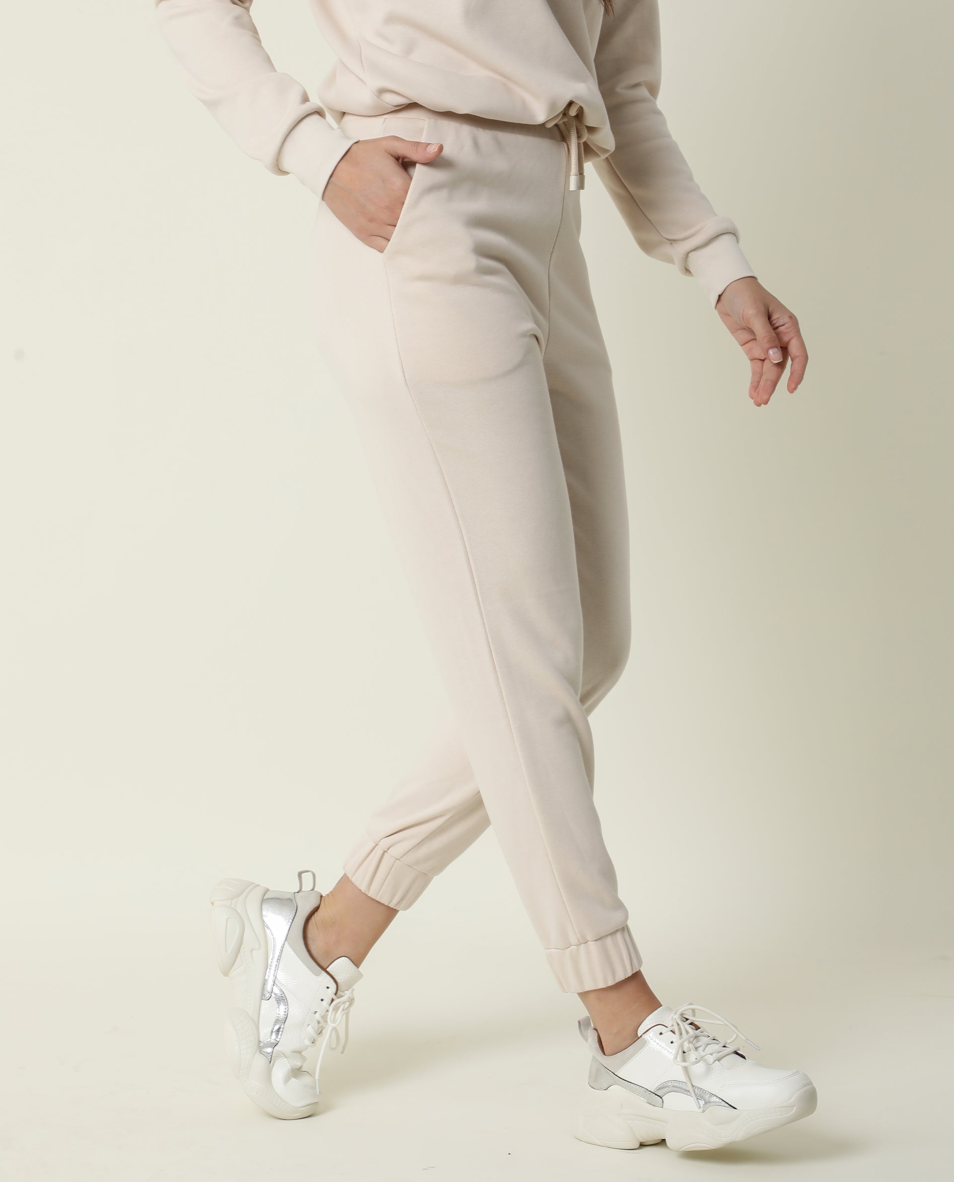 Rareism Women Maxine Beige Track Pant Cotton Fabric Drawstring Closure Solid