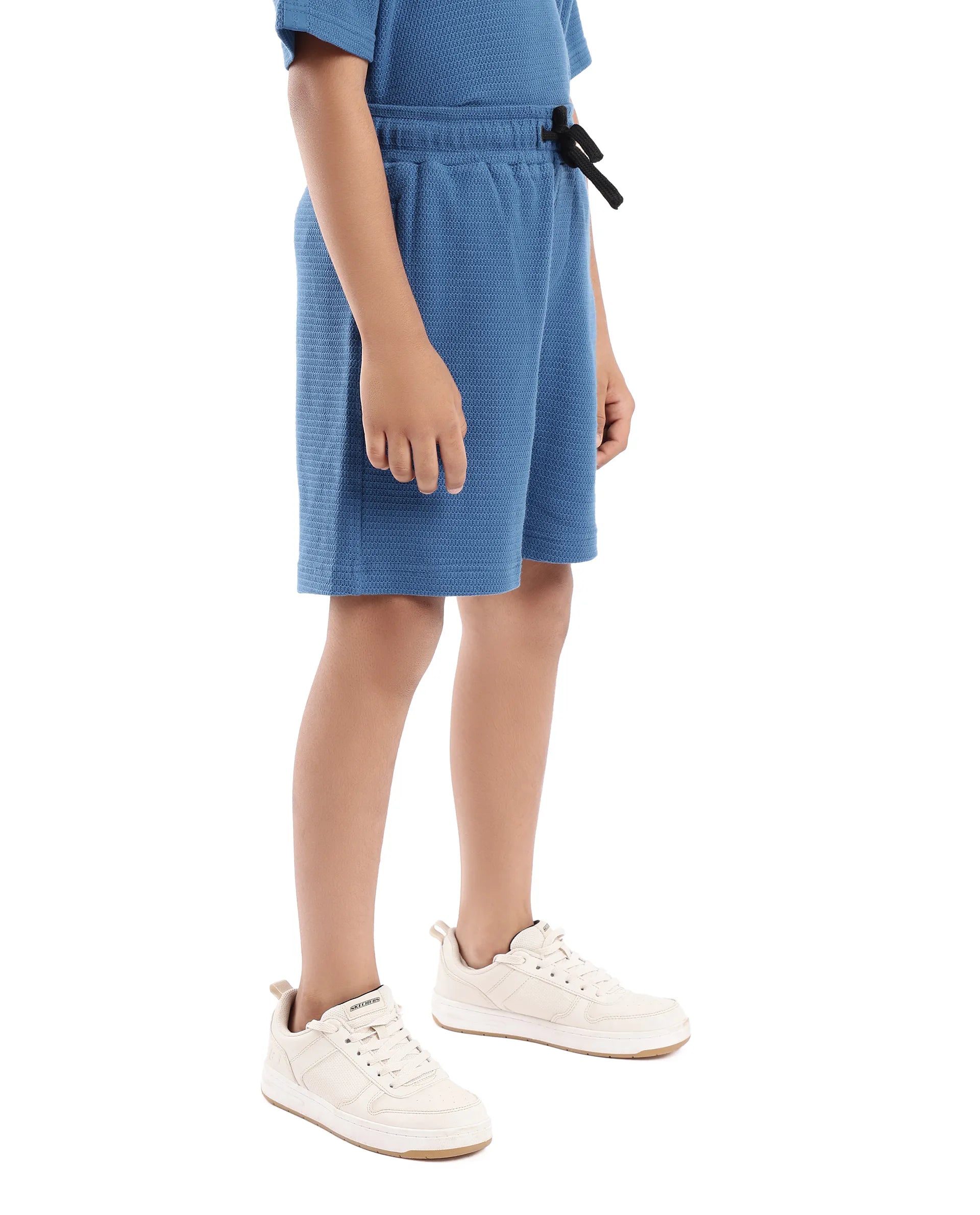 Rare Ones Kids Cole Teal Cotton Solid Drawstring Closure Textured Shorts